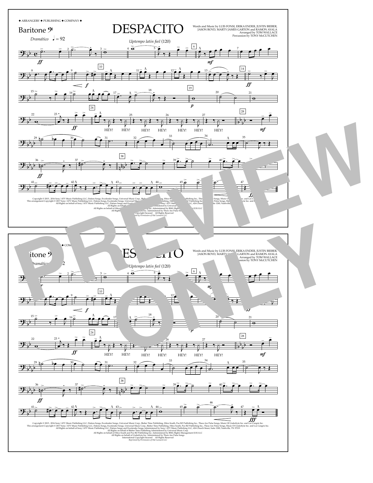 Download Luis Fonsi & Daddy Yankee feat. Justin Bieber Despacito (arr. Tom Wallace) - Baritone B.C. Sheet Music and learn how to play Marching Band PDF digital score in minutes