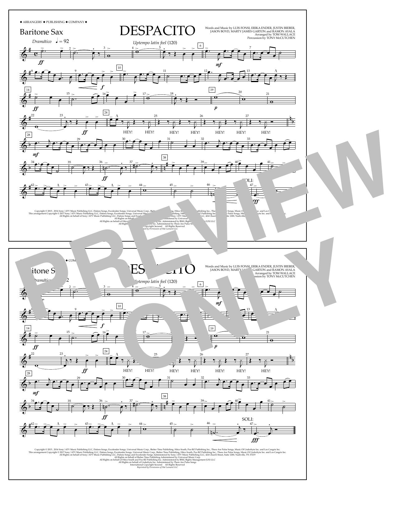 Download Luis Fonsi & Daddy Yankee feat. Justin Bieber Despacito (arr. Tom Wallace) - Baritone Sax Sheet Music and learn how to play Marching Band PDF digital score in minutes