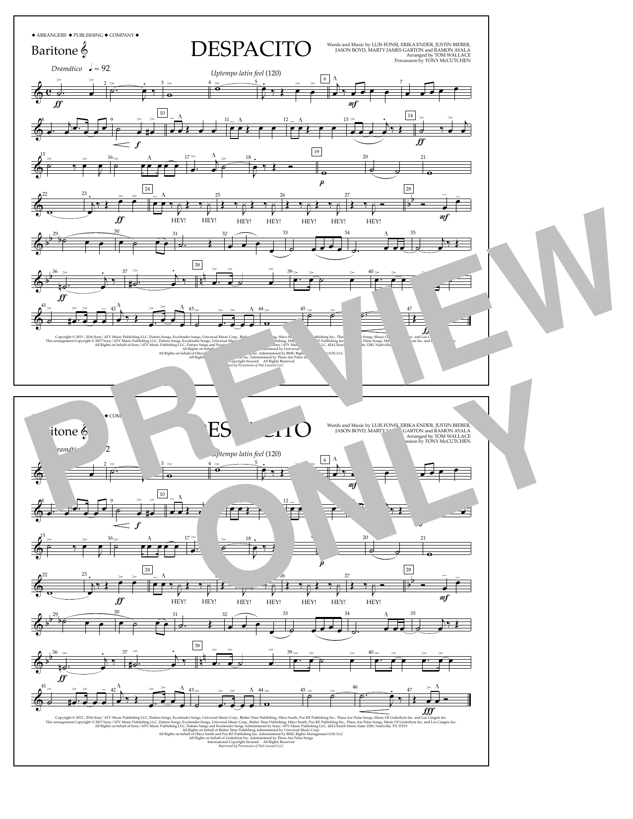 Download Luis Fonsi & Daddy Yankee feat. Justin Bieber Despacito (arr. Tom Wallace) - Baritone T.C. Sheet Music and learn how to play Marching Band PDF digital score in minutes