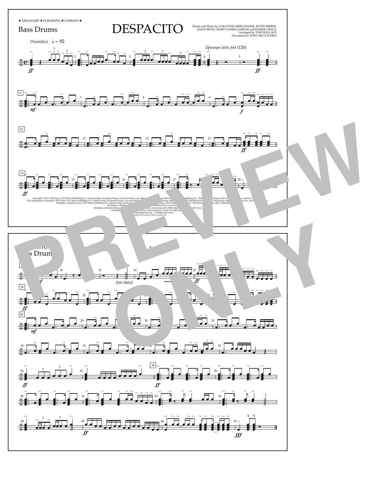 Download Luis Fonsi & Daddy Yankee feat. Justin Bieber Despacito (arr. Tom Wallace) - Bass Drums Sheet Music and learn how to play Marching Band PDF digital score in minutes