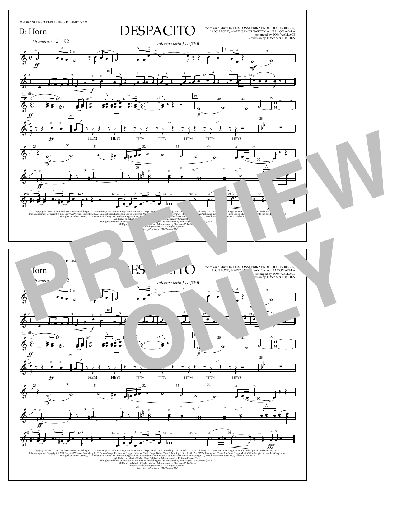 Download Luis Fonsi & Daddy Yankee feat. Justin Bieber Despacito (arr. Tom Wallace) - Bb Horn Sheet Music and learn how to play Marching Band PDF digital score in minutes