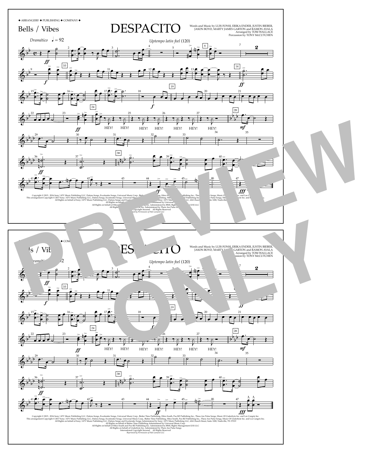 Download Luis Fonsi & Daddy Yankee feat. Justin Bieber Despacito (arr. Tom Wallace) - Bells/Vibes Sheet Music and learn how to play Marching Band PDF digital score in minutes