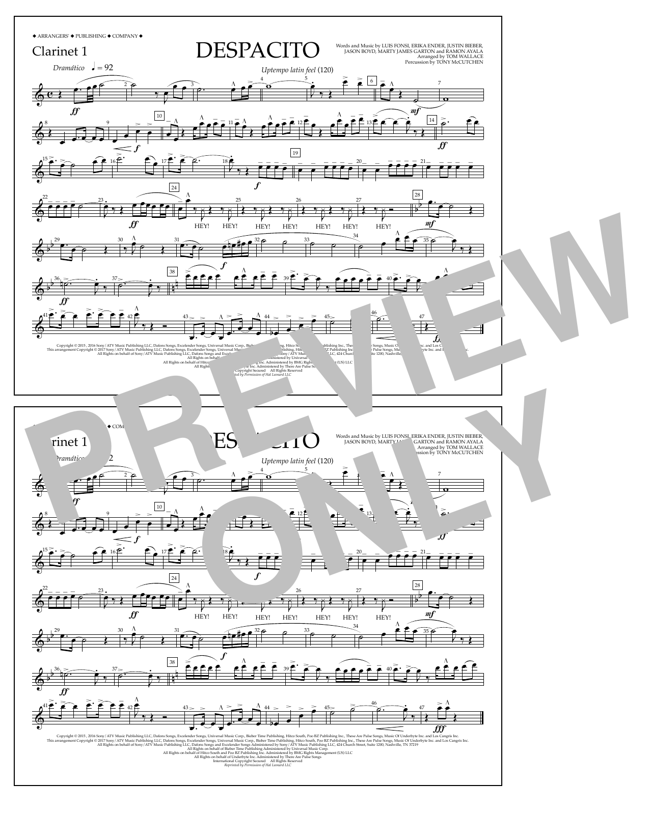 Download Luis Fonsi & Daddy Yankee feat. Justin Bieber Despacito (arr. Tom Wallace) - Clarinet 1 Sheet Music and learn how to play Marching Band PDF digital score in minutes