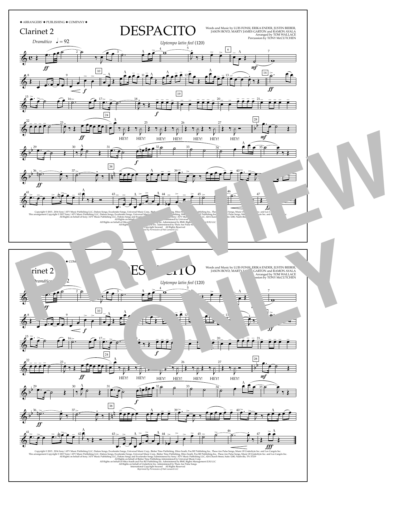 Download Luis Fonsi & Daddy Yankee feat. Justin Bieber Despacito (arr. Tom Wallace) - Clarinet 2 Sheet Music and learn how to play Marching Band PDF digital score in minutes