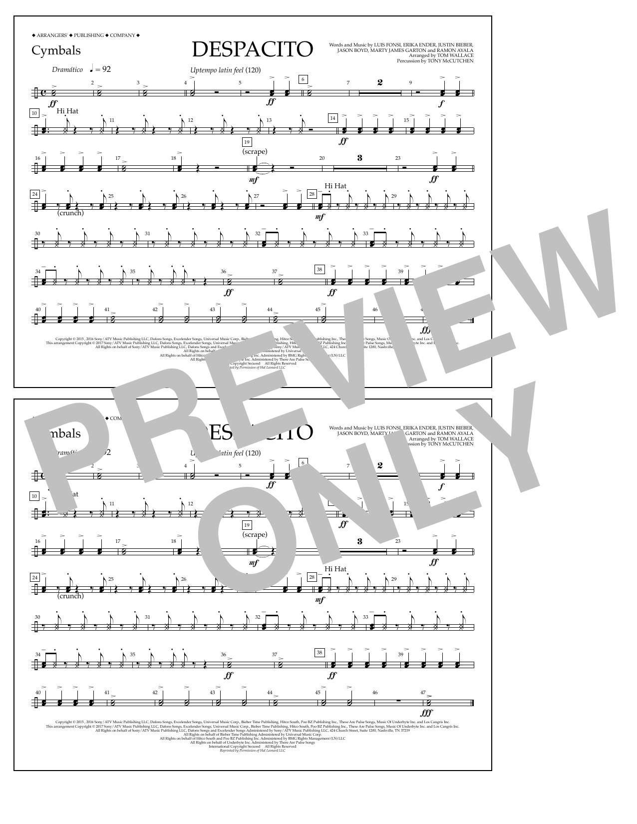 Download Luis Fonsi & Daddy Yankee feat. Justin Bieber Despacito (arr. Tom Wallace) - Cymbals Sheet Music and learn how to play Marching Band PDF digital score in minutes