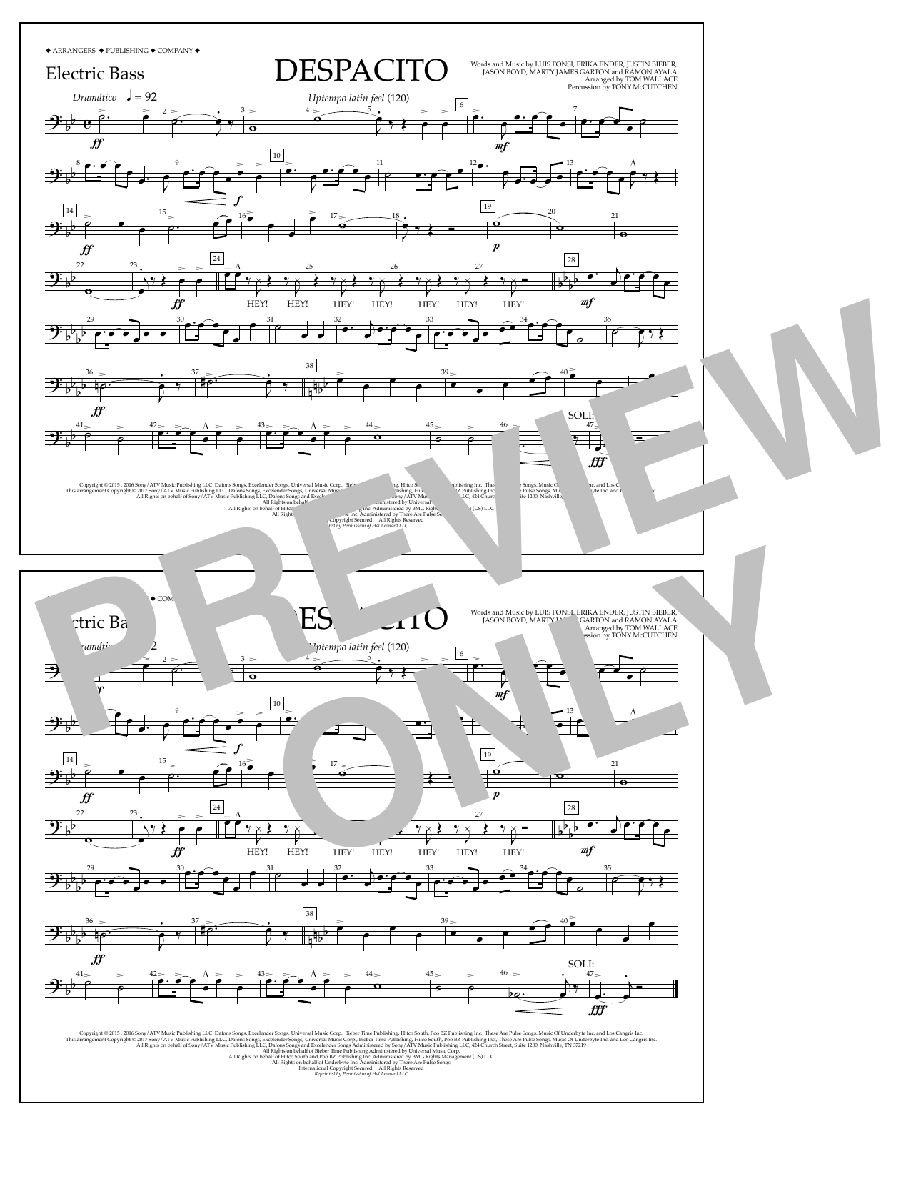 Download Luis Fonsi & Daddy Yankee feat. Justin Bieber Despacito (arr. Tom Wallace) - Electric Bass Sheet Music and learn how to play Marching Band PDF digital score in minutes