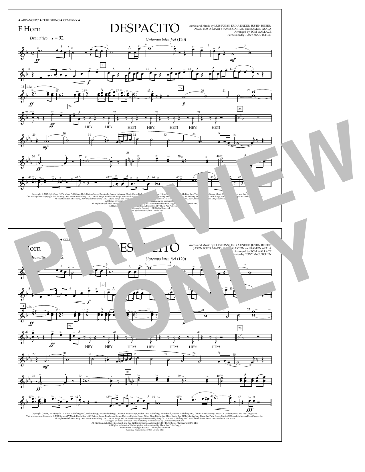 Download Luis Fonsi & Daddy Yankee feat. Justin Bieber Despacito (arr. Tom Wallace) - F Horn Sheet Music and learn how to play Marching Band PDF digital score in minutes