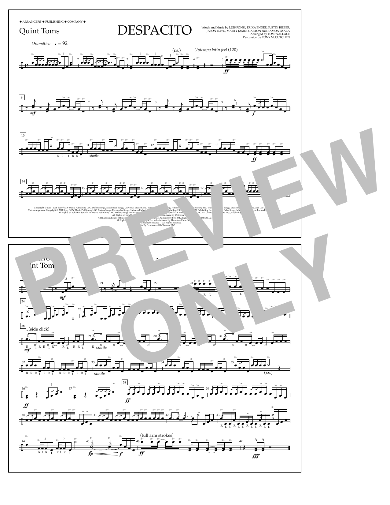 Download Luis Fonsi & Daddy Yankee feat. Justin Bieber Despacito (arr. Tom Wallace) - Quint-Toms Sheet Music and learn how to play Marching Band PDF digital score in minutes