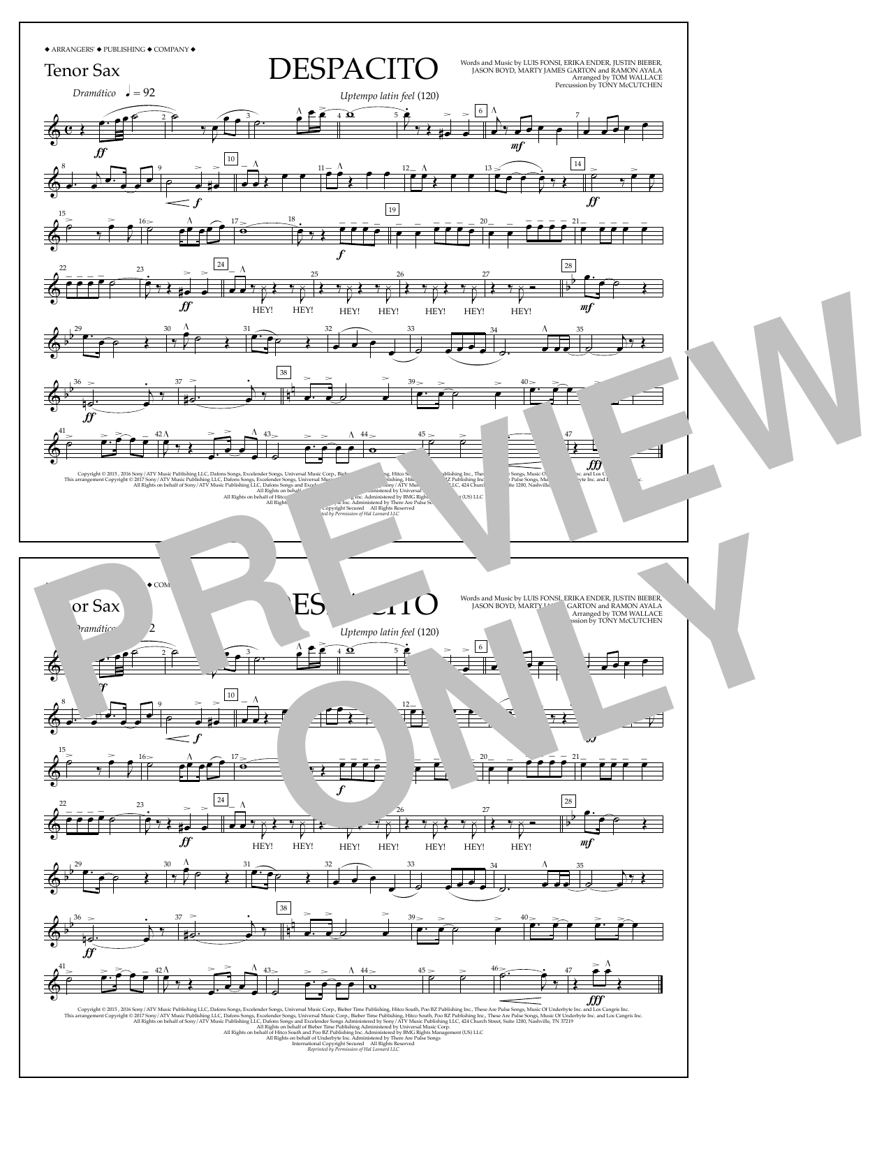 Download Luis Fonsi & Daddy Yankee feat. Justin Bieber Despacito (arr. Tom Wallace) - Tenor Sax Sheet Music and learn how to play Marching Band PDF digital score in minutes