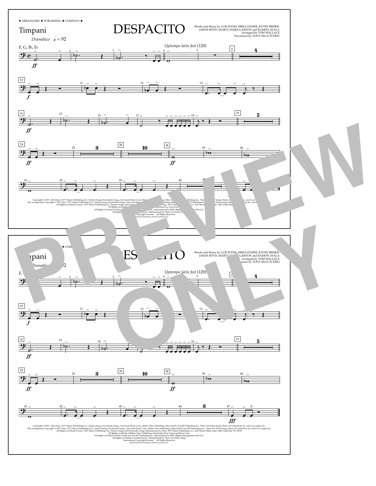 Download Luis Fonsi & Daddy Yankee feat. Justin Bieber Despacito (arr. Tom Wallace) - Timpani Sheet Music and learn how to play Marching Band PDF digital score in minutes