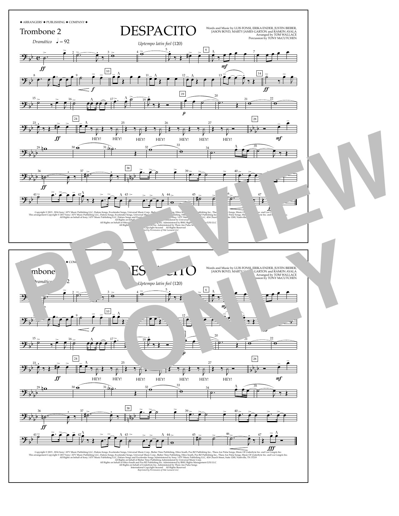 Download Luis Fonsi & Daddy Yankee feat. Justin Bieber Despacito (arr. Tom Wallace) - Trombone 2 Sheet Music and learn how to play Marching Band PDF digital score in minutes