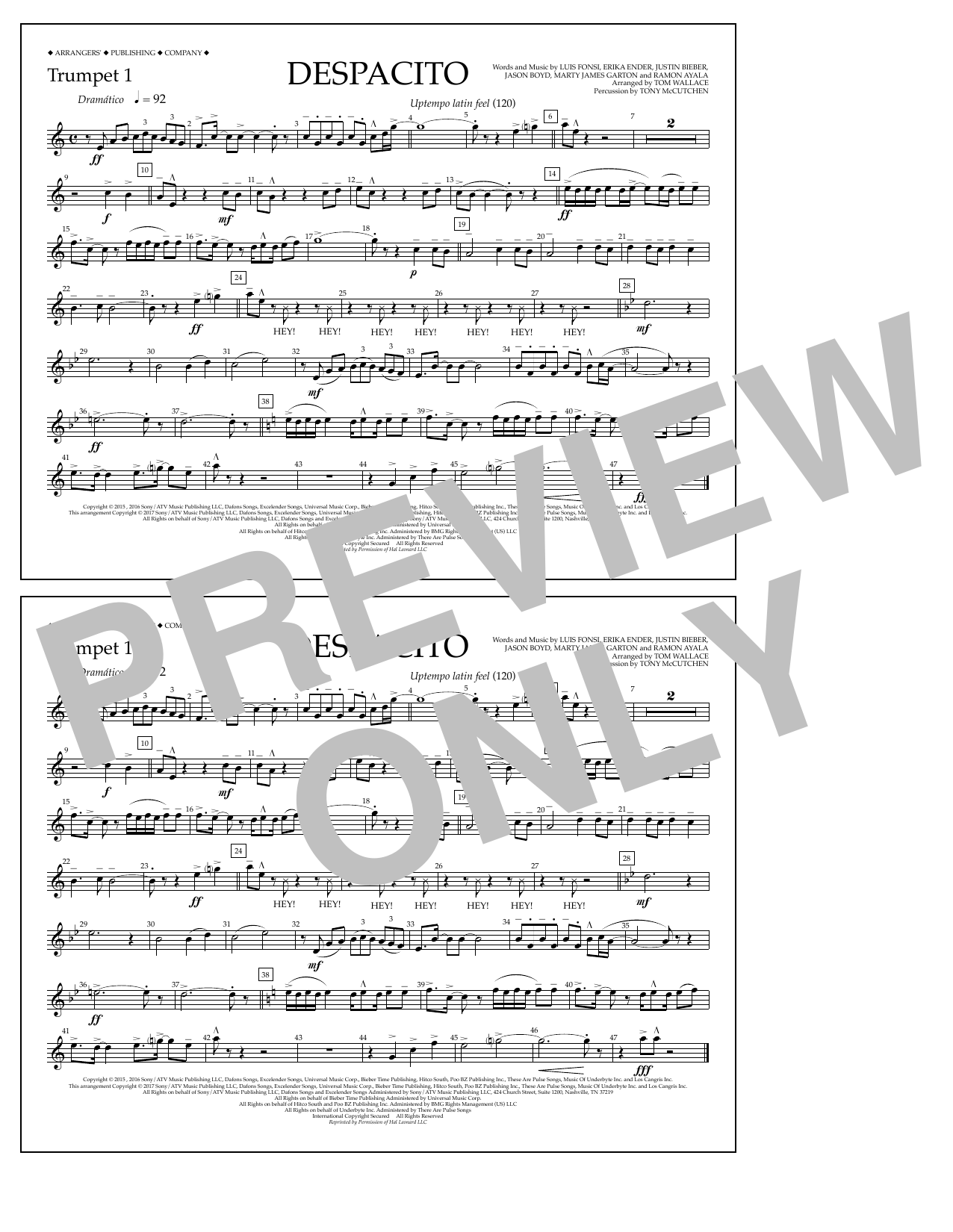 Download Luis Fonsi & Daddy Yankee feat. Justin Bieber Despacito (arr. Tom Wallace) - Trumpet 1 Sheet Music and learn how to play Marching Band PDF digital score in minutes