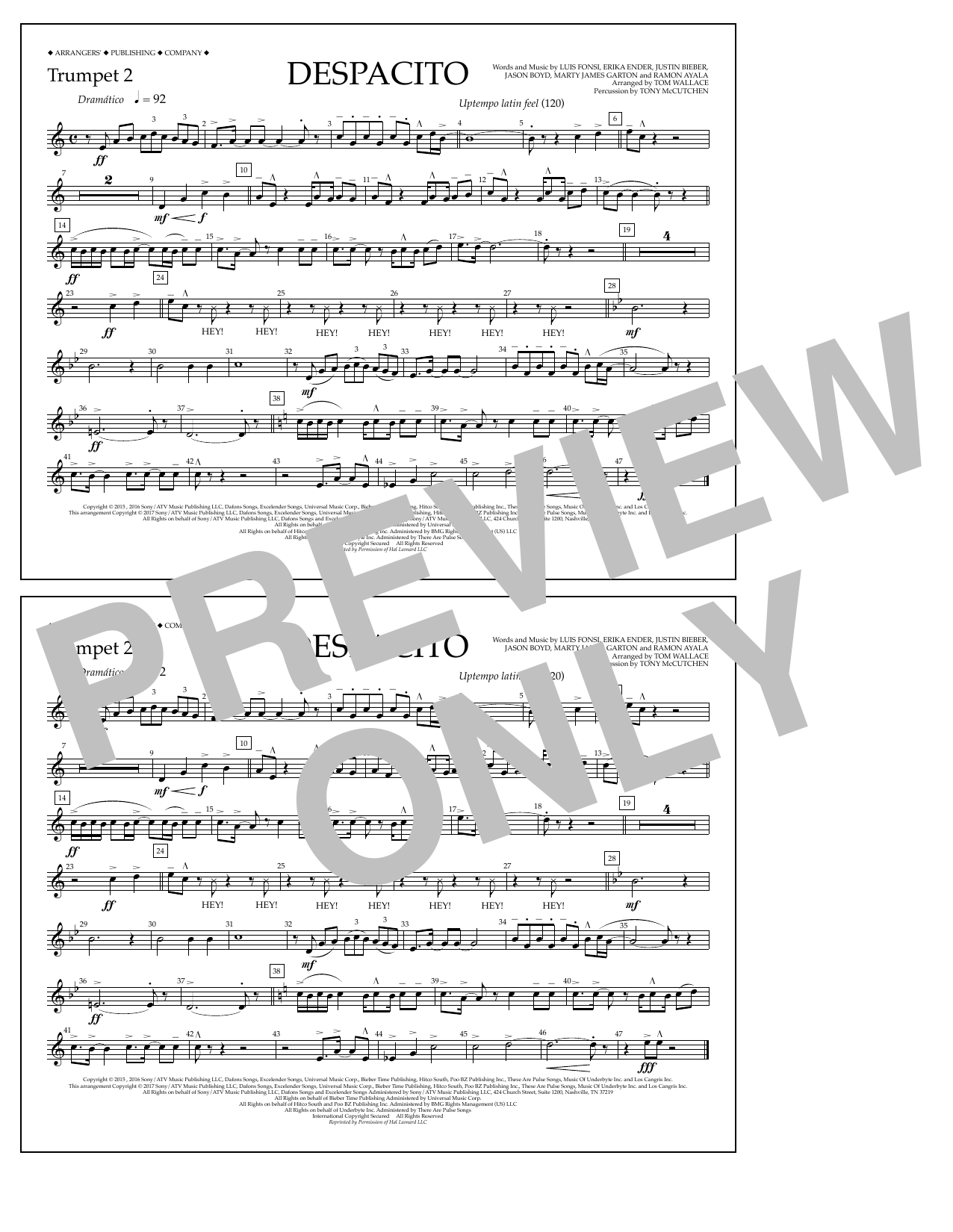 Download Luis Fonsi & Daddy Yankee feat. Justin Bieber Despacito (arr. Tom Wallace) - Trumpet 2 Sheet Music and learn how to play Marching Band PDF digital score in minutes