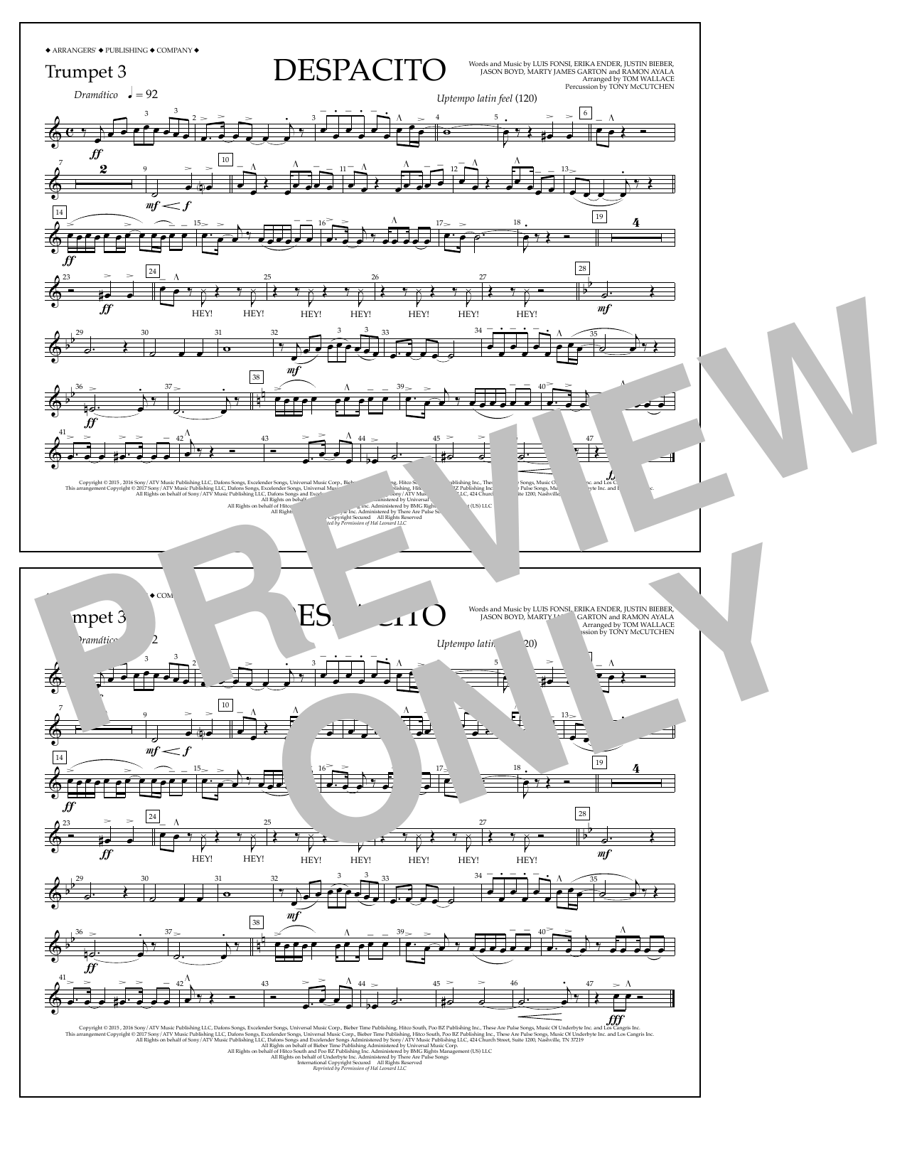 Download Luis Fonsi & Daddy Yankee feat. Justin Bieber Despacito (arr. Tom Wallace) - Trumpet 3 Sheet Music and learn how to play Marching Band PDF digital score in minutes