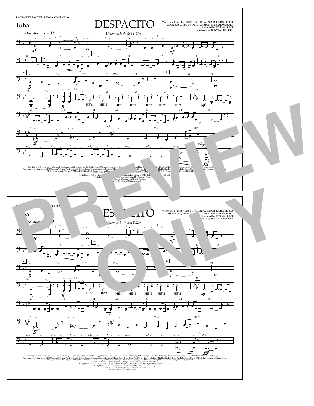 Download Luis Fonsi & Daddy Yankee feat. Justin Bieber Despacito (arr. Tom Wallace) - Tuba Sheet Music and learn how to play Marching Band PDF digital score in minutes