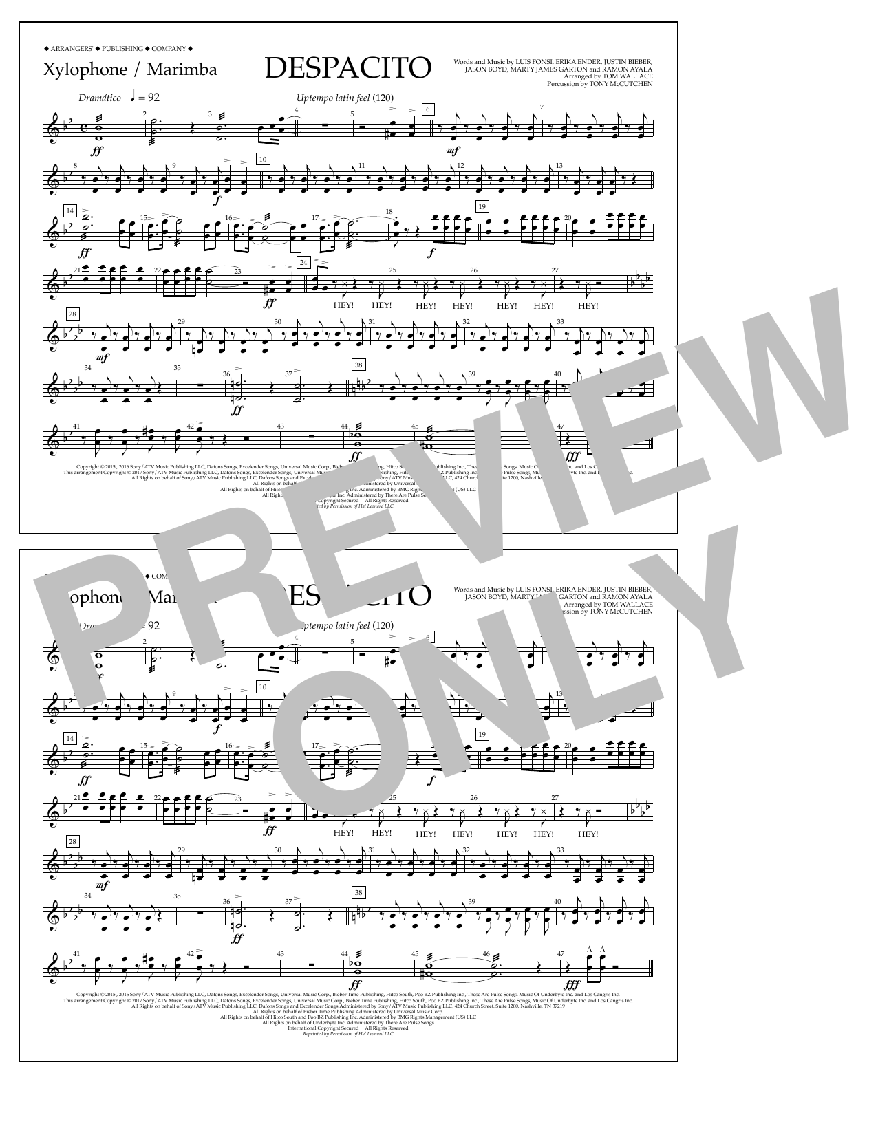 Download Luis Fonsi & Daddy Yankee feat. Justin Bieber Despacito (arr. Tom Wallace) - Xylophone/Marimba Sheet Music and learn how to play Marching Band PDF digital score in minutes