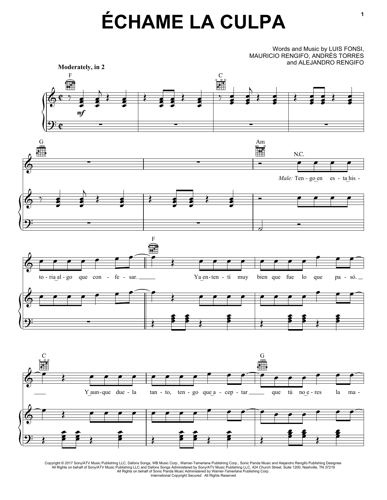 Download Luis Fonsi and Demi Lovato Echame La Culpa Sheet Music and learn how to play Piano, Vocal & Guitar (Right-Hand Melody) PDF digital score in minutes