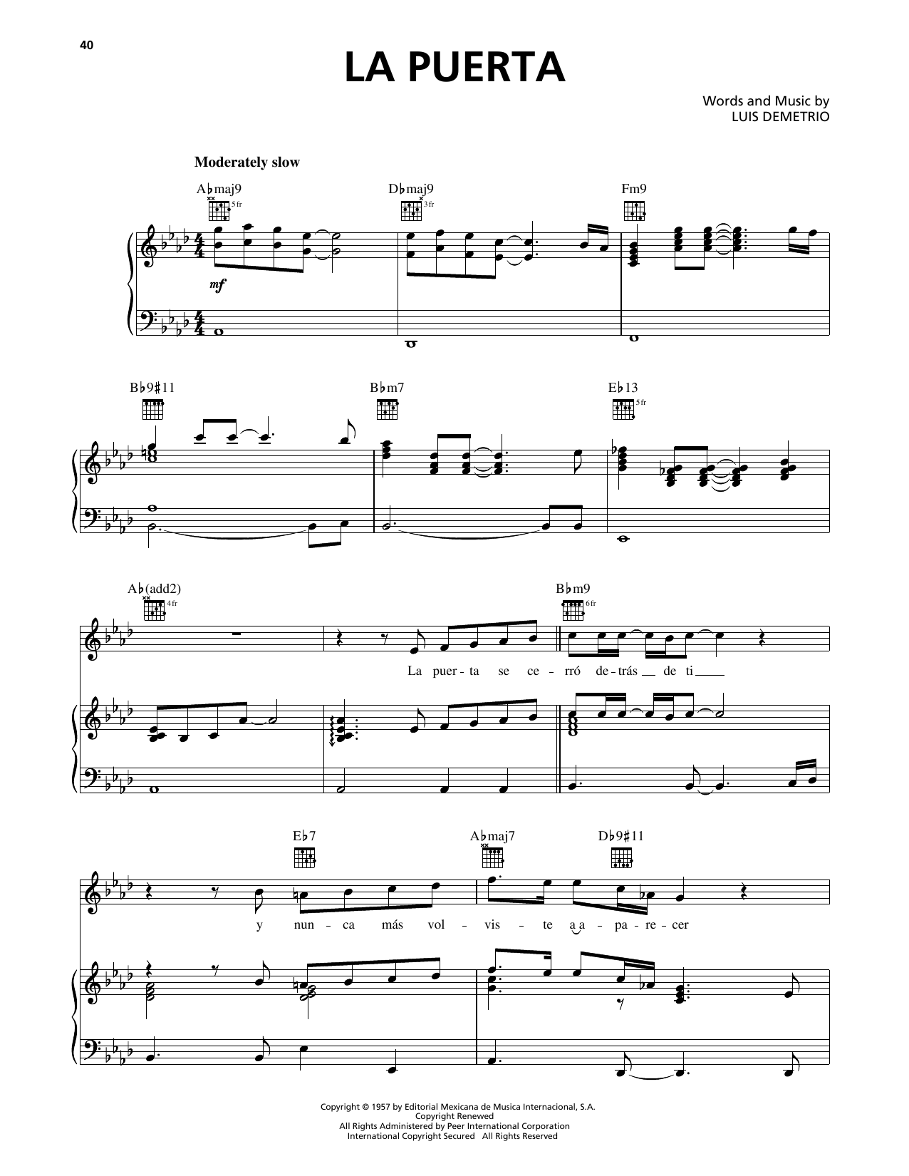 Download Luis Miguel La Puerta Sheet Music and learn how to play Piano, Vocal & Guitar Chords (Right-Hand Melody) PDF digital score in minutes