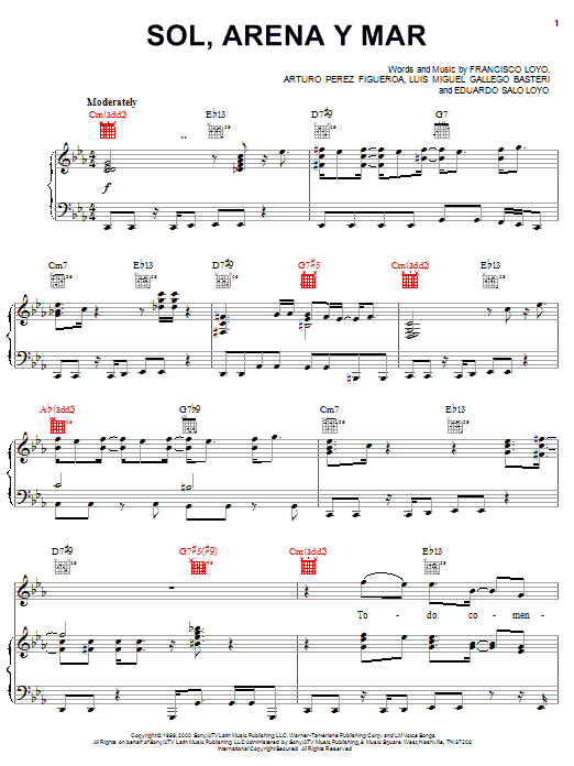 Download Luis Miguel Sol, Arena, Y Mar Sheet Music and learn how to play Piano, Vocal & Guitar (Right-Hand Melody) PDF digital score in minutes