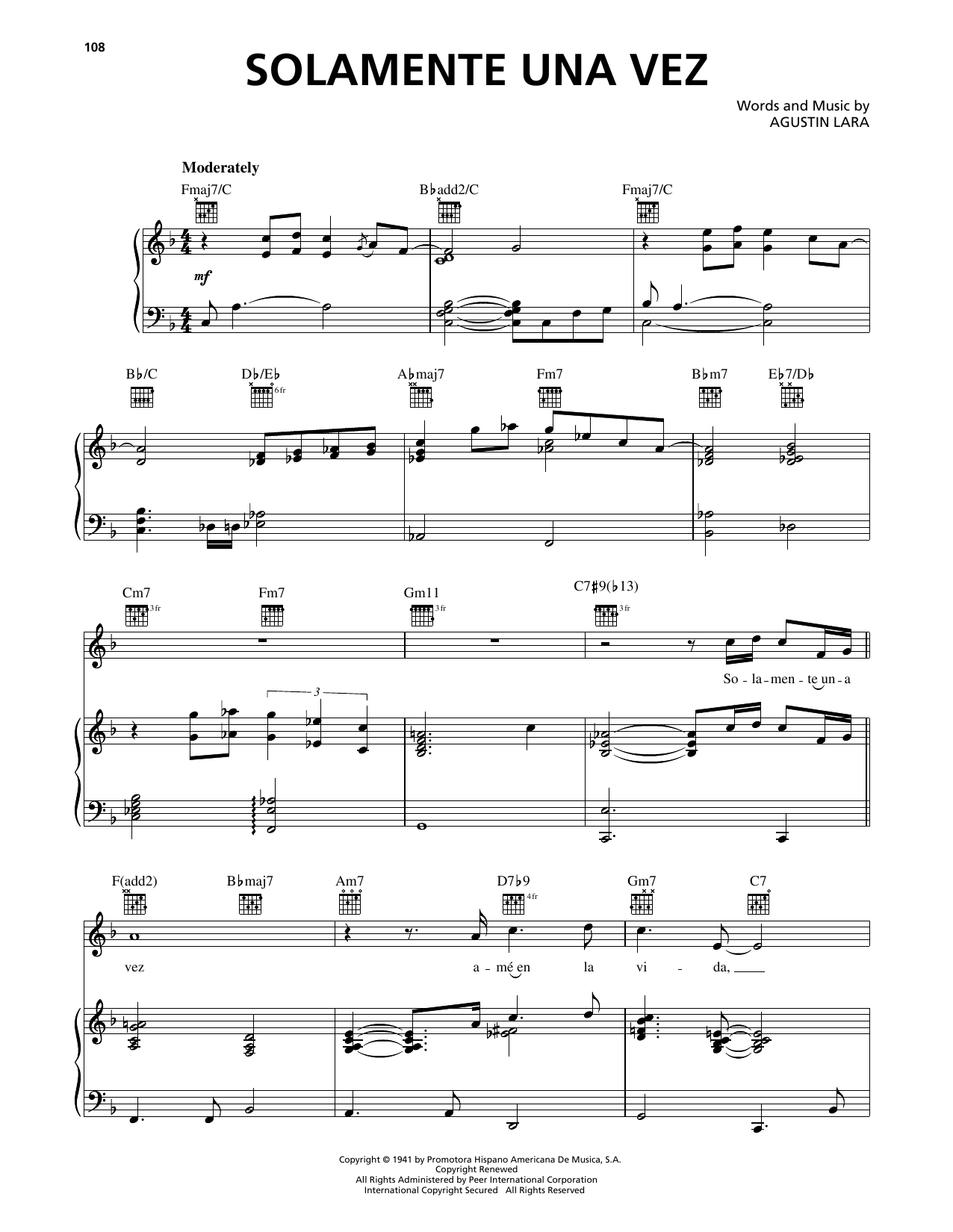 Download Luis Miguel Solamente Una Vez Sheet Music and learn how to play Piano, Vocal & Guitar Chords (Right-Hand Melody) PDF digital score in minutes