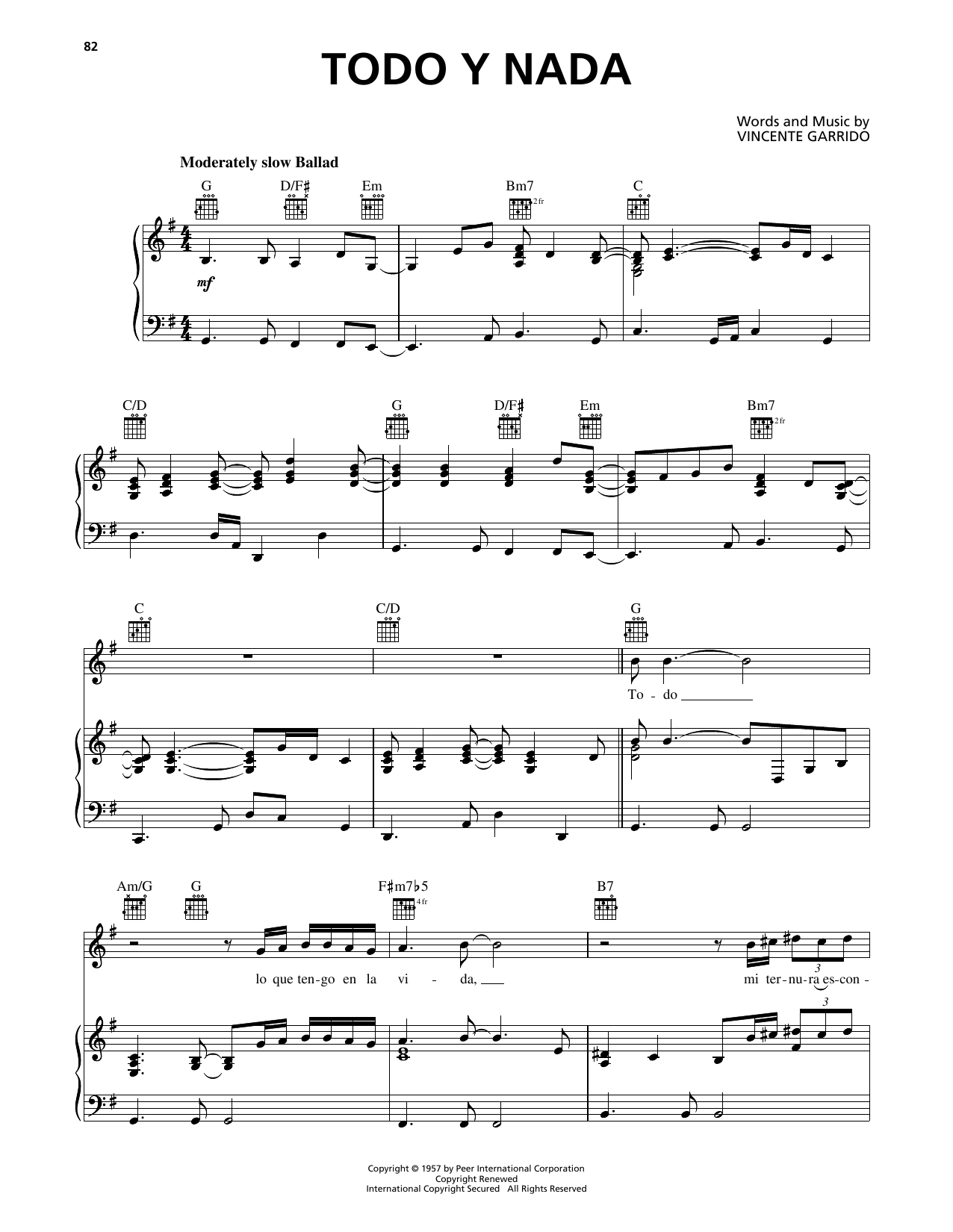 Download Luis Miguel Todo Y Nada Sheet Music and learn how to play Piano, Vocal & Guitar Chords (Right-Hand Melody) PDF digital score in minutes