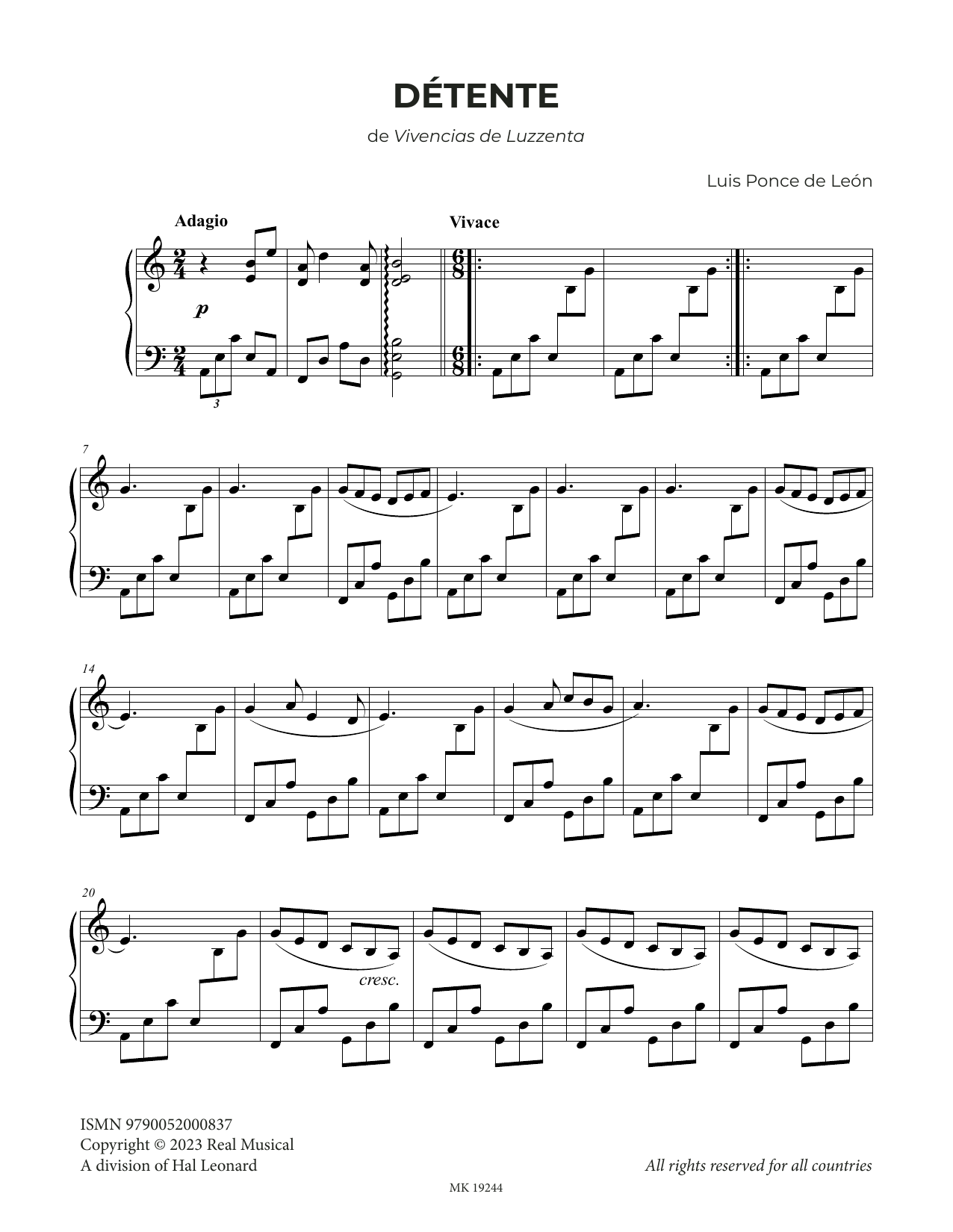 Download Luis Ponce de León Détente Sheet Music and learn how to play Piano Solo PDF digital score in minutes