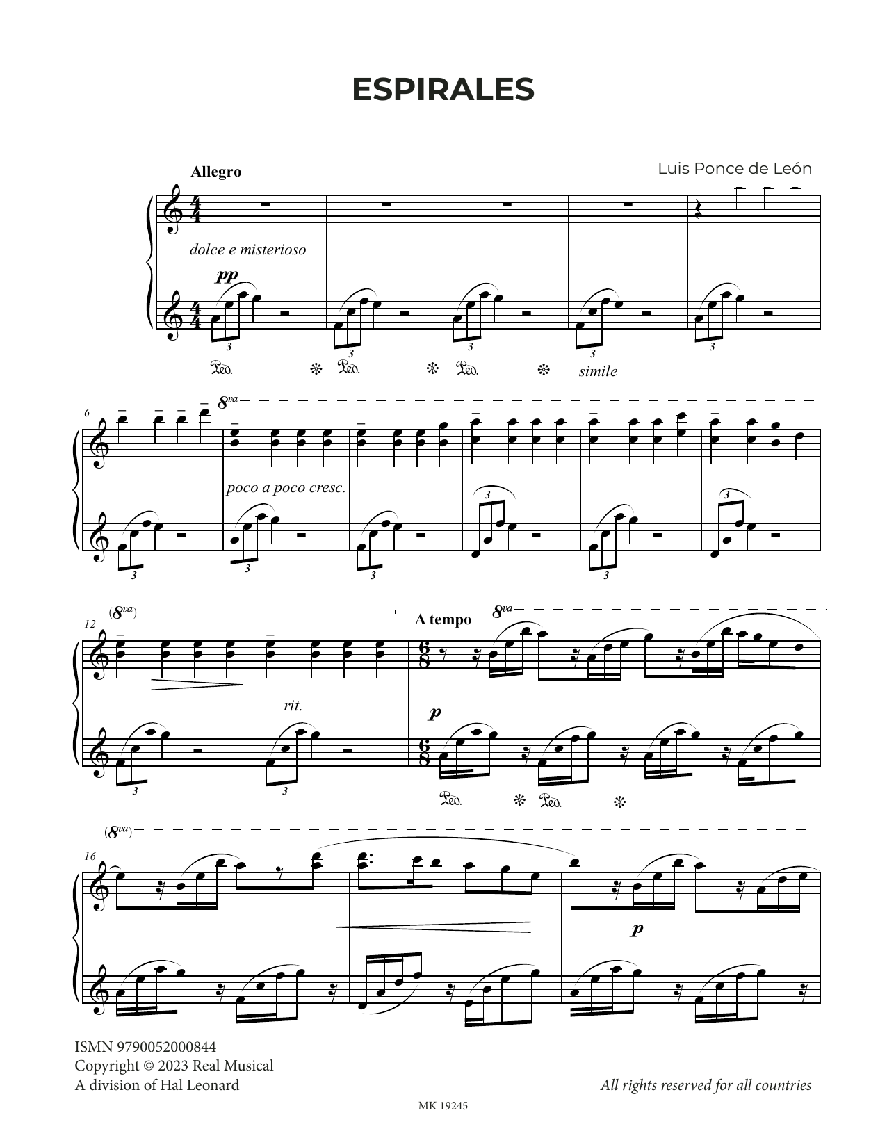 Download Luis Ponce de León Espirales Sheet Music and learn how to play Piano Solo PDF digital score in minutes