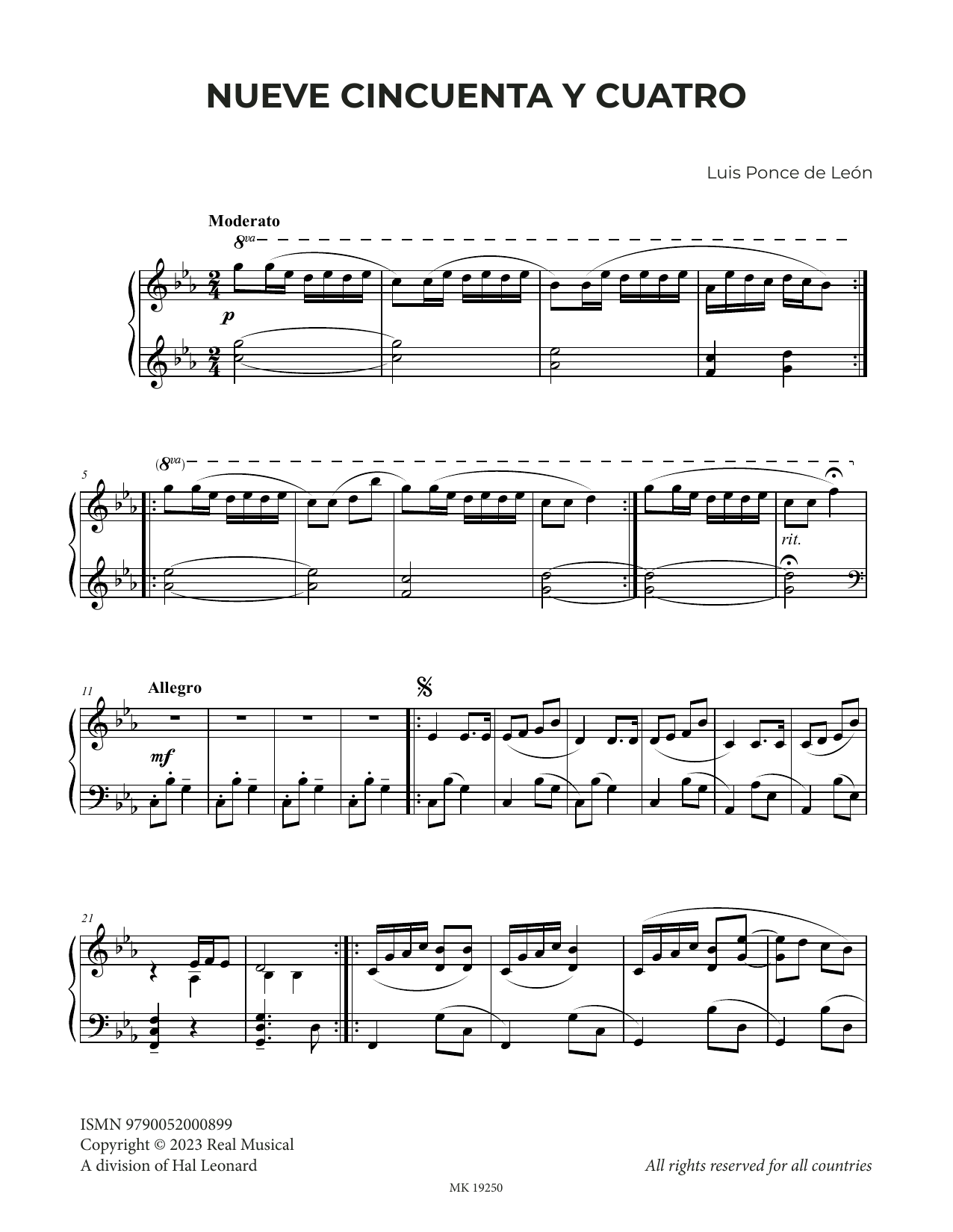 Download Luis Ponce de León Nueve Cincuenta y Cuatro Sheet Music and learn how to play Piano Solo PDF digital score in minutes