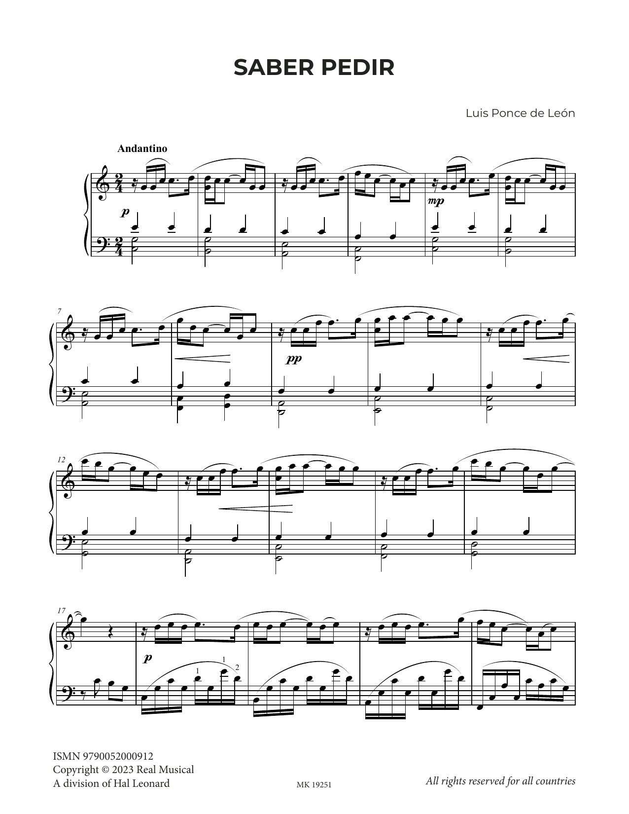 Download Luis Ponce de León Saber pedir Sheet Music and learn how to play Piano Solo PDF digital score in minutes