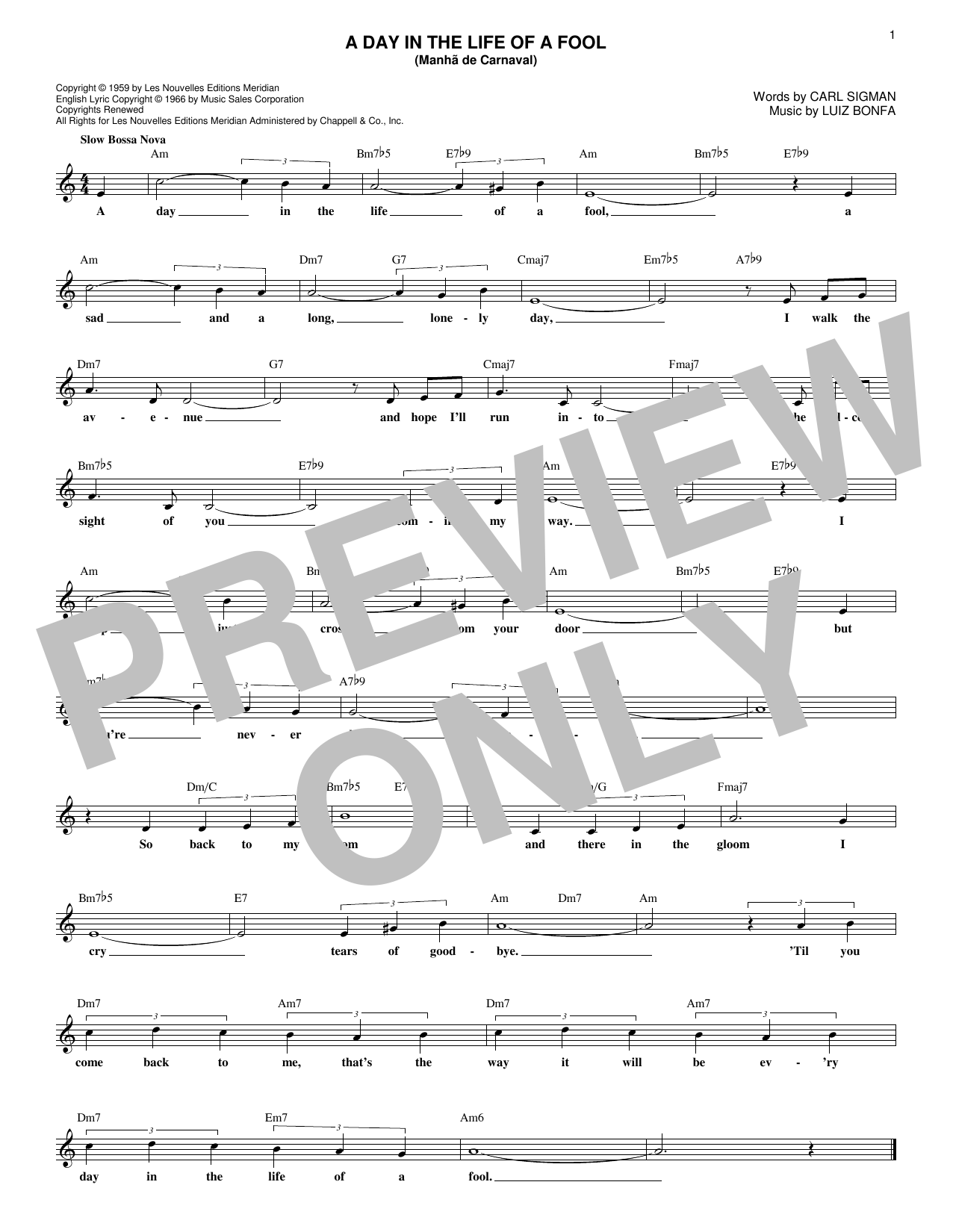Download Luiz Bonfa A Day In The Life Of A Fool (Manha De Carnaval) Sheet Music and learn how to play Melody Line, Lyrics & Chords PDF digital score in minutes