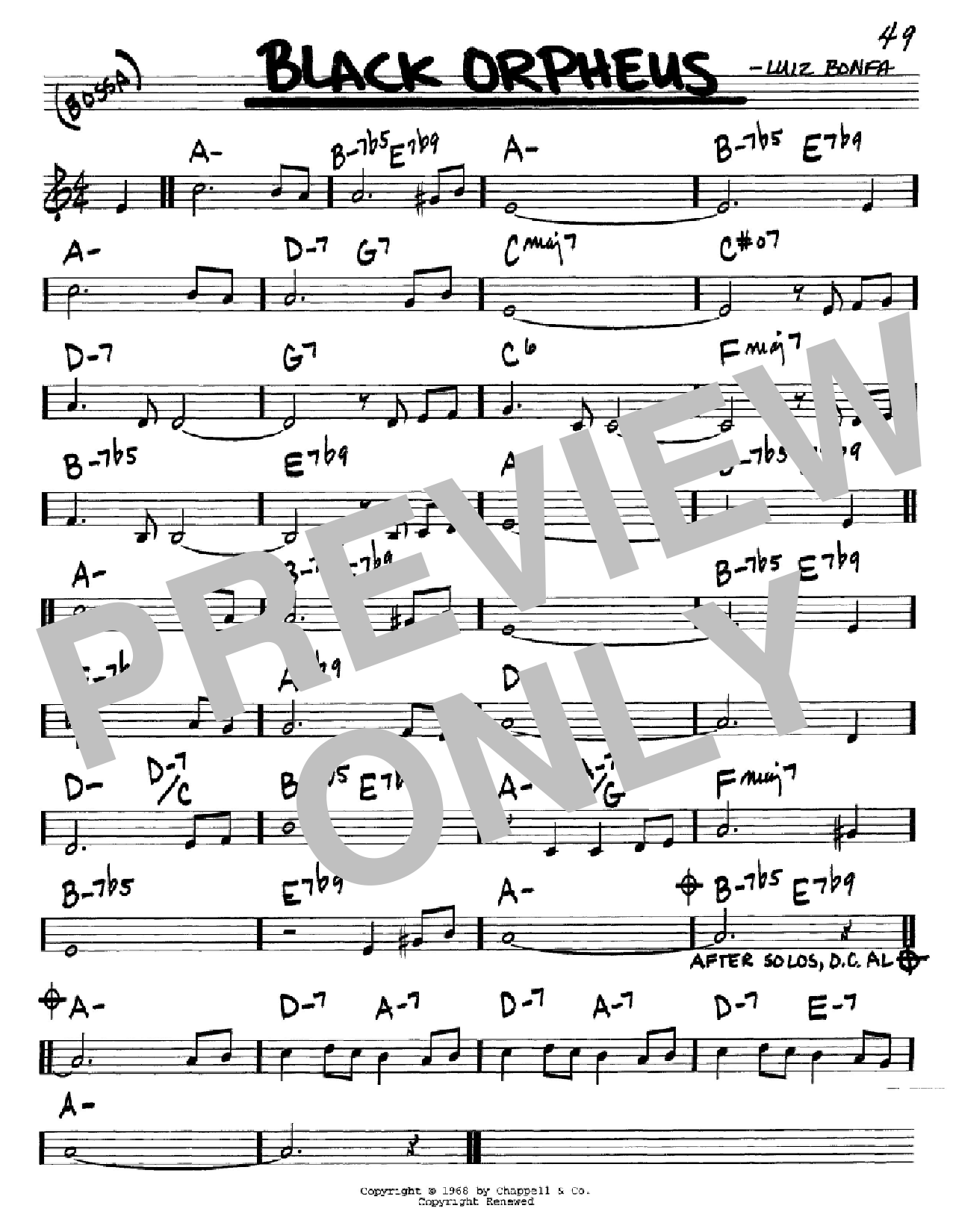 Download Luiz Bonfa Black Orpheus Sheet Music and learn how to play Real Book – Melody & Chords – Eb Instruments PDF digital score in minutes