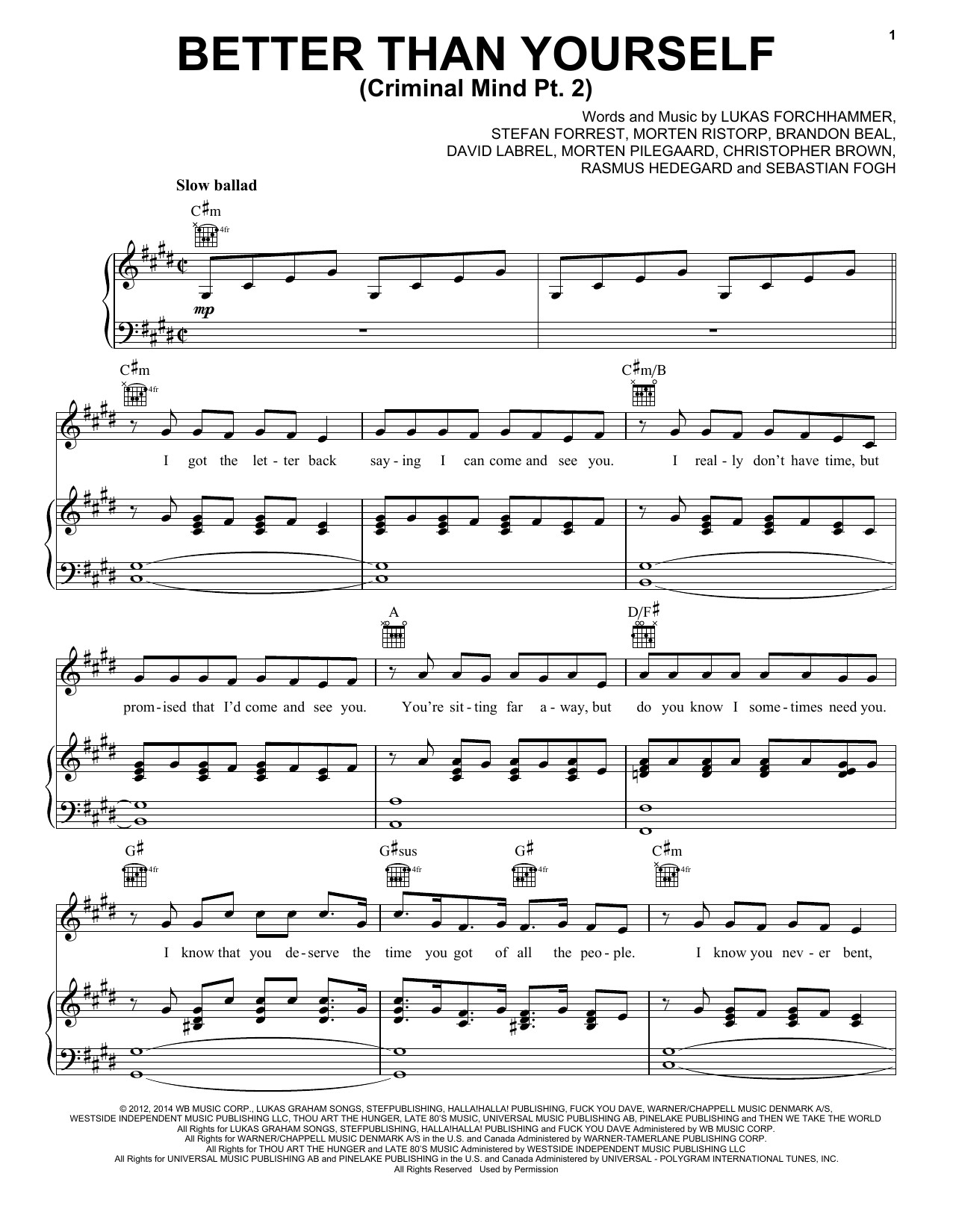 Download Lukas Graham Better Than Yourself (Criminal Mind Part 2) Sheet Music and learn how to play Piano, Vocal & Guitar (Right-Hand Melody) PDF digital score in minutes