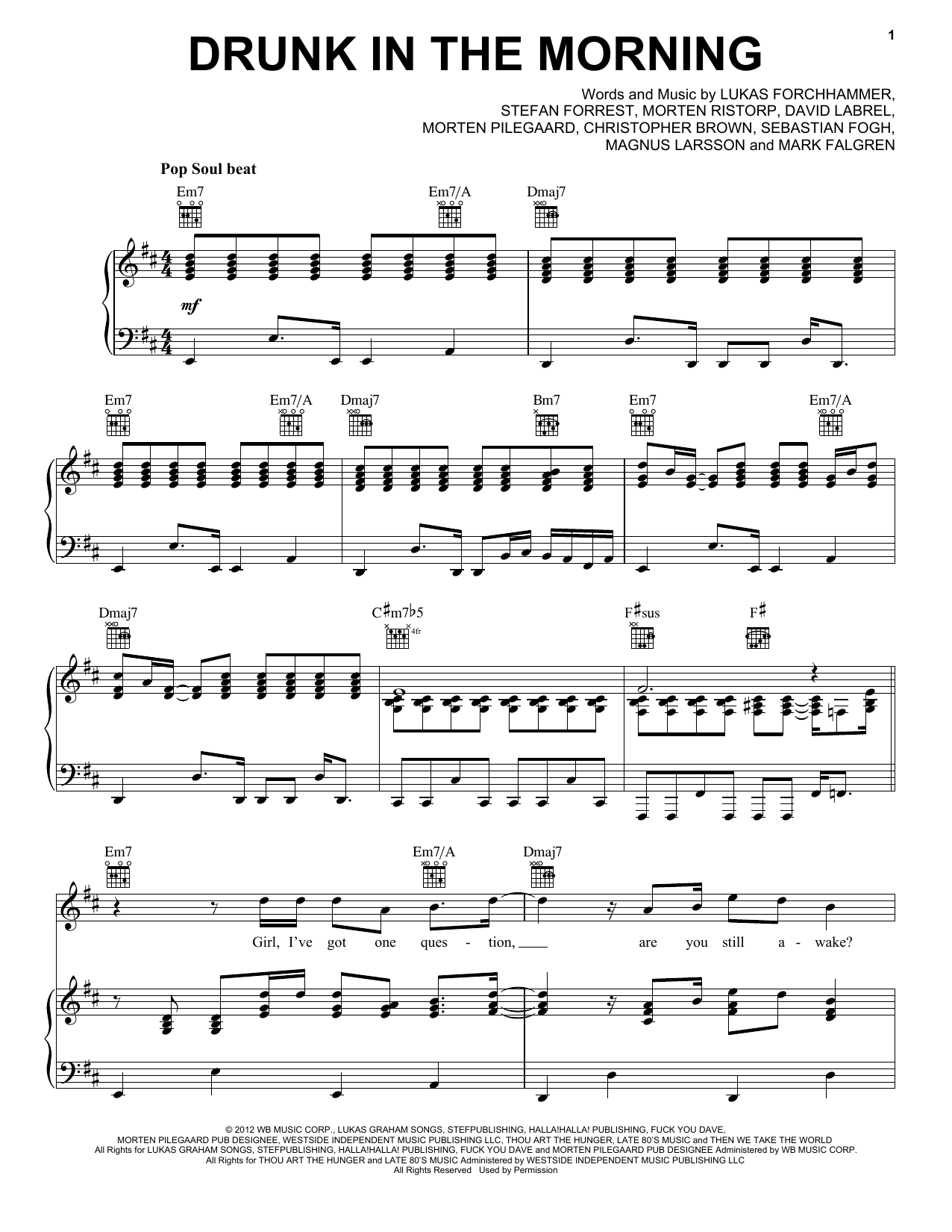 Download Lukas Graham Drunk In The Morning Sheet Music and learn how to play Piano, Vocal & Guitar (Right-Hand Melody) PDF digital score in minutes