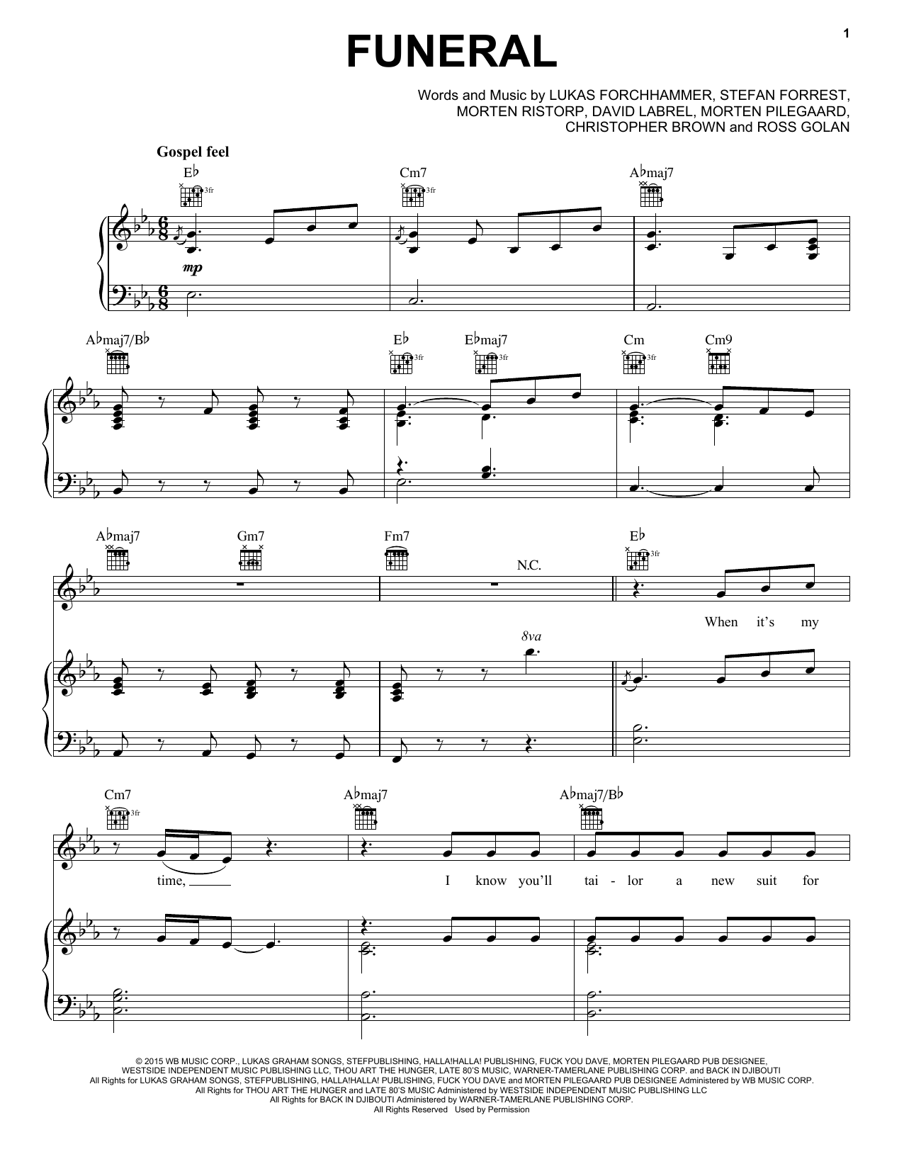 Download Lukas Graham Funeral Sheet Music and learn how to play Piano, Vocal & Guitar (Right-Hand Melody) PDF digital score in minutes