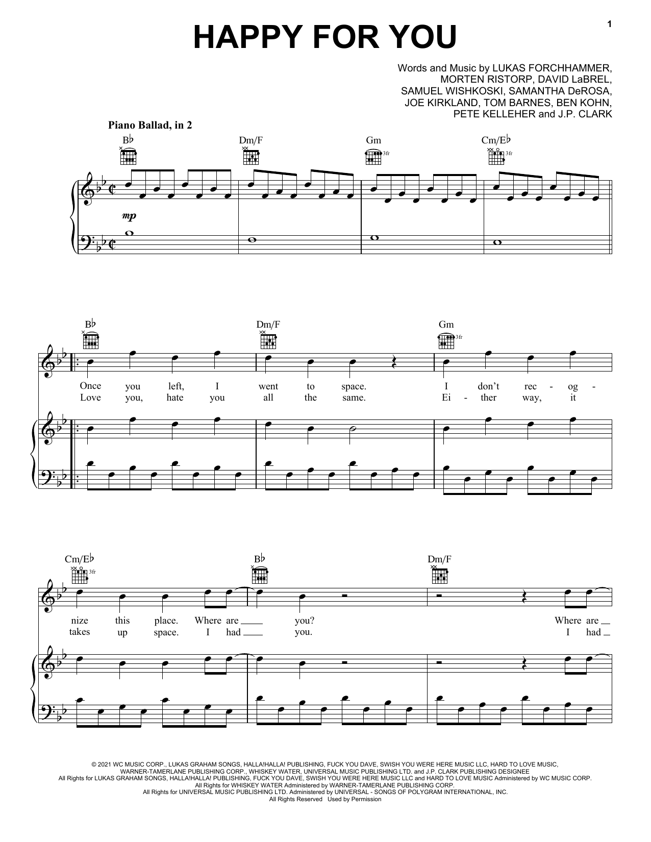 Download Lukas Graham Happy For You Sheet Music and learn how to play Piano, Vocal & Guitar Chords (Right-Hand Melody) PDF digital score in minutes