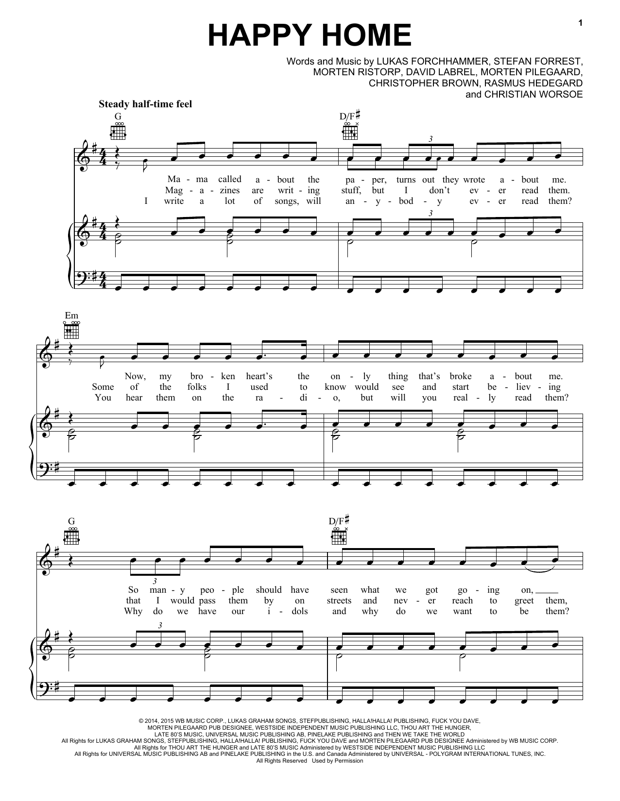 Download Lukas Graham Happy Home Sheet Music and learn how to play Piano, Vocal & Guitar (Right-Hand Melody) PDF digital score in minutes