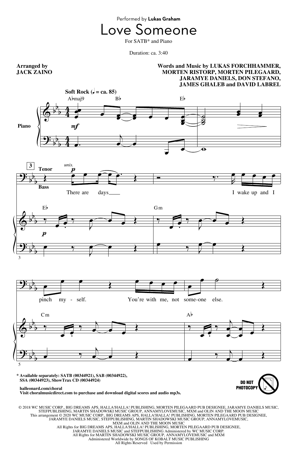 Download Lukas Graham Love Someone (arr. Jack Zaino) Sheet Music and learn how to play SSA Choir PDF digital score in minutes