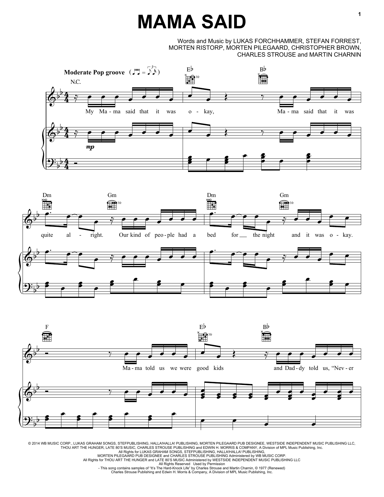 Download Lukas Graham Mama Said Sheet Music and learn how to play Piano, Vocal & Guitar (Right-Hand Melody) PDF digital score in minutes