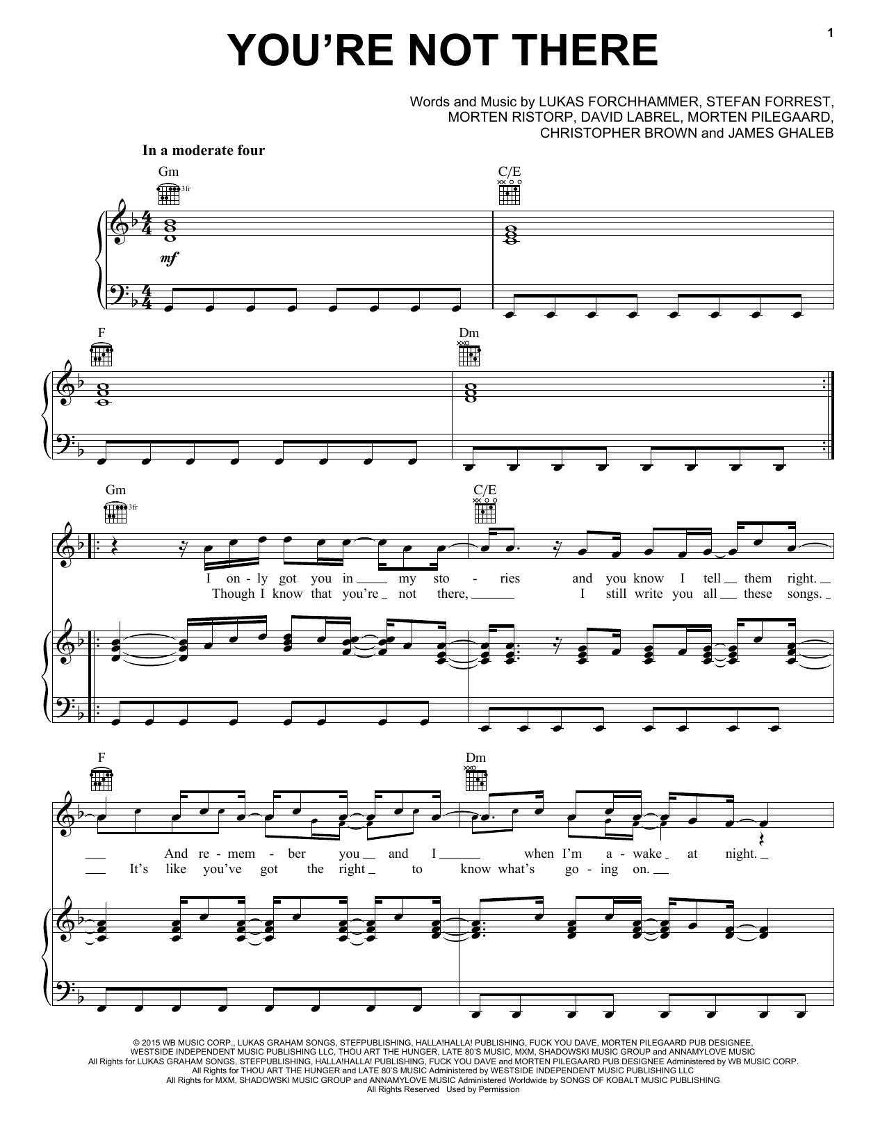 Download Lukas Graham You're Not There Sheet Music and learn how to play Piano, Vocal & Guitar (Right-Hand Melody) PDF digital score in minutes