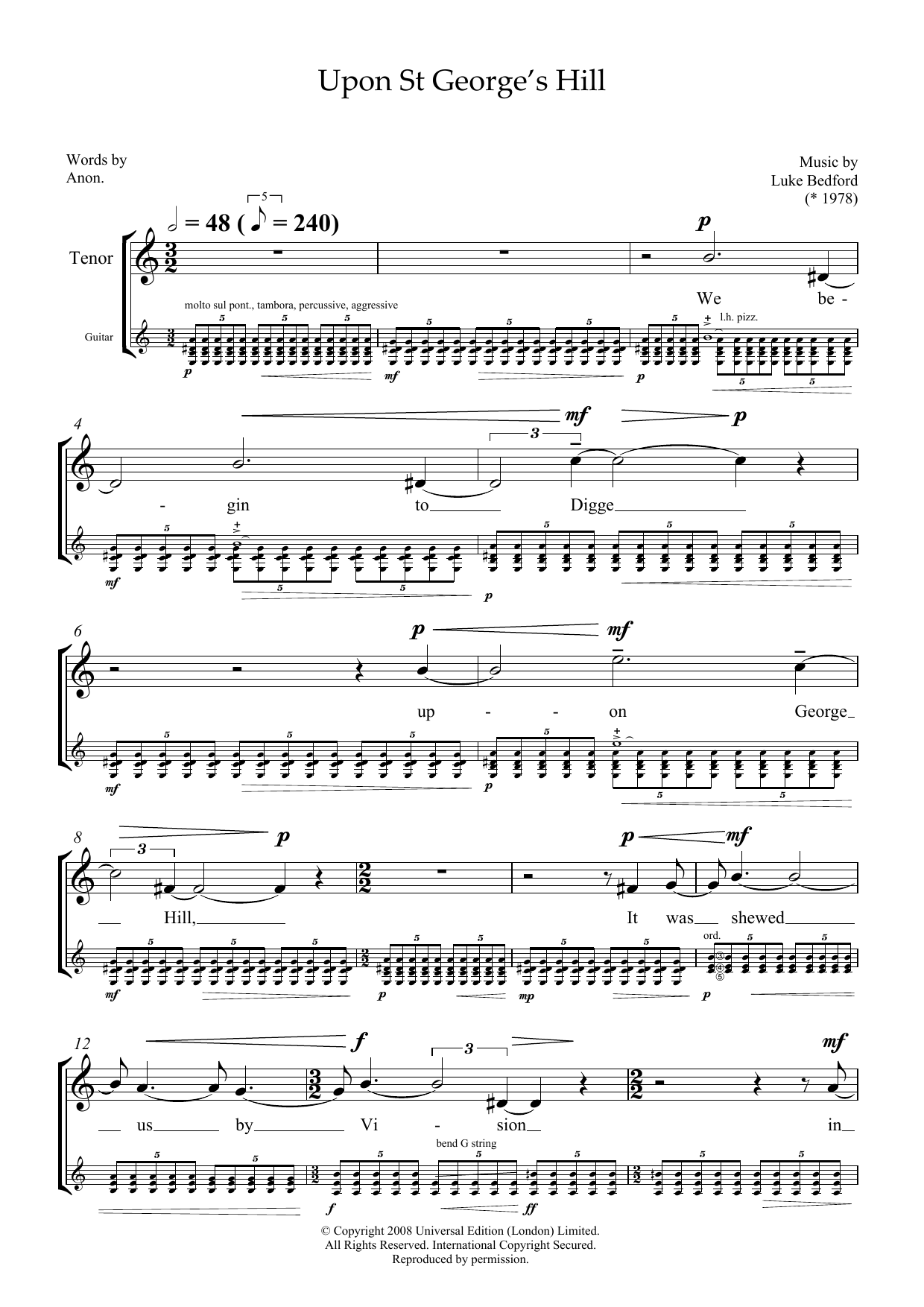 Download Luke Bedford Upon St George's Hill (for tenor & guitar) Sheet Music and learn how to play Piano & Vocal PDF digital score in minutes