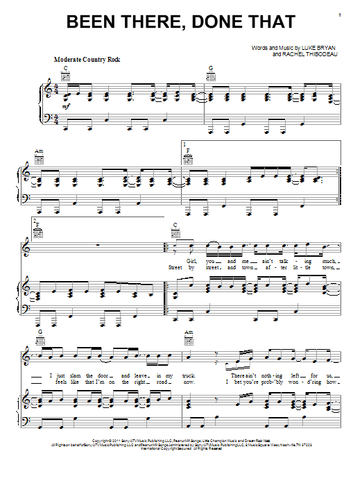 Download Luke Bryan Been There, Done That Sheet Music and learn how to play Piano, Vocal & Guitar (Right-Hand Melody) PDF digital score in minutes