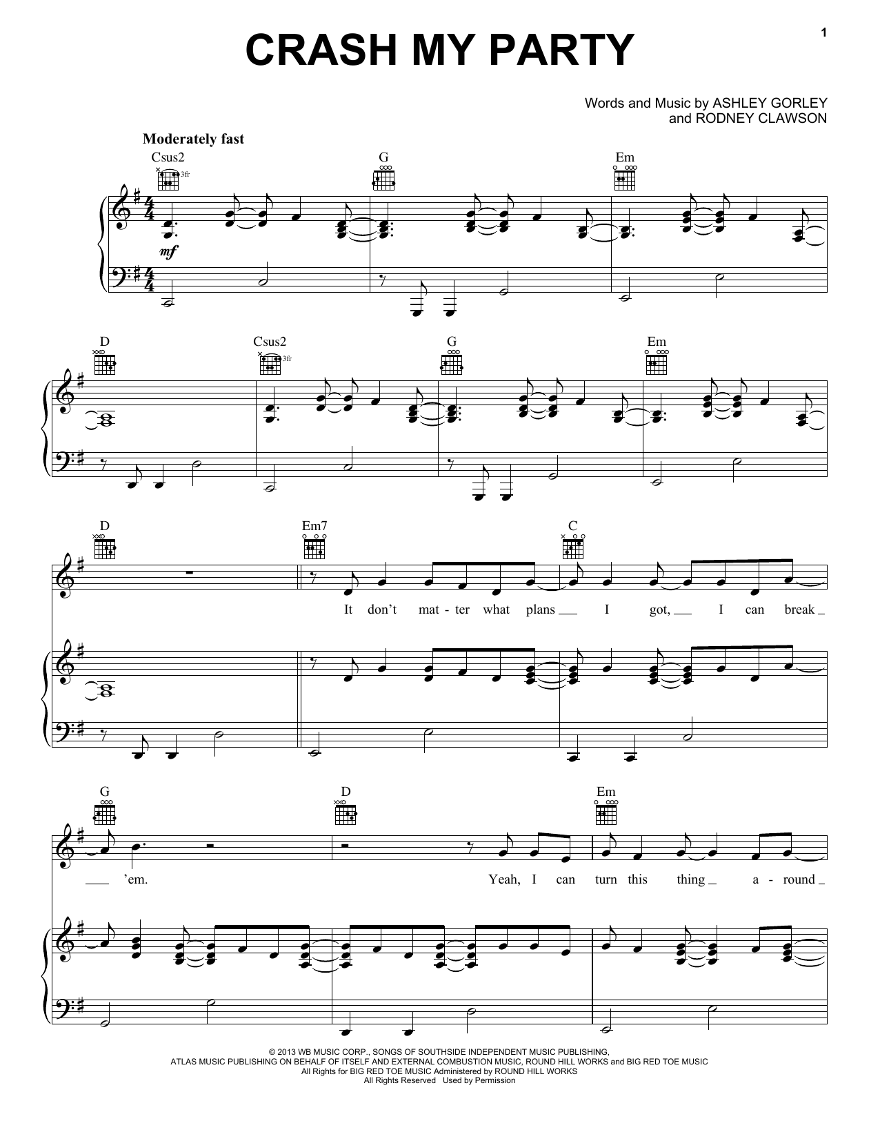 Download Luke Bryan Crash My Party Sheet Music and learn how to play Piano, Vocal & Guitar (Right-Hand Melody) PDF digital score in minutes