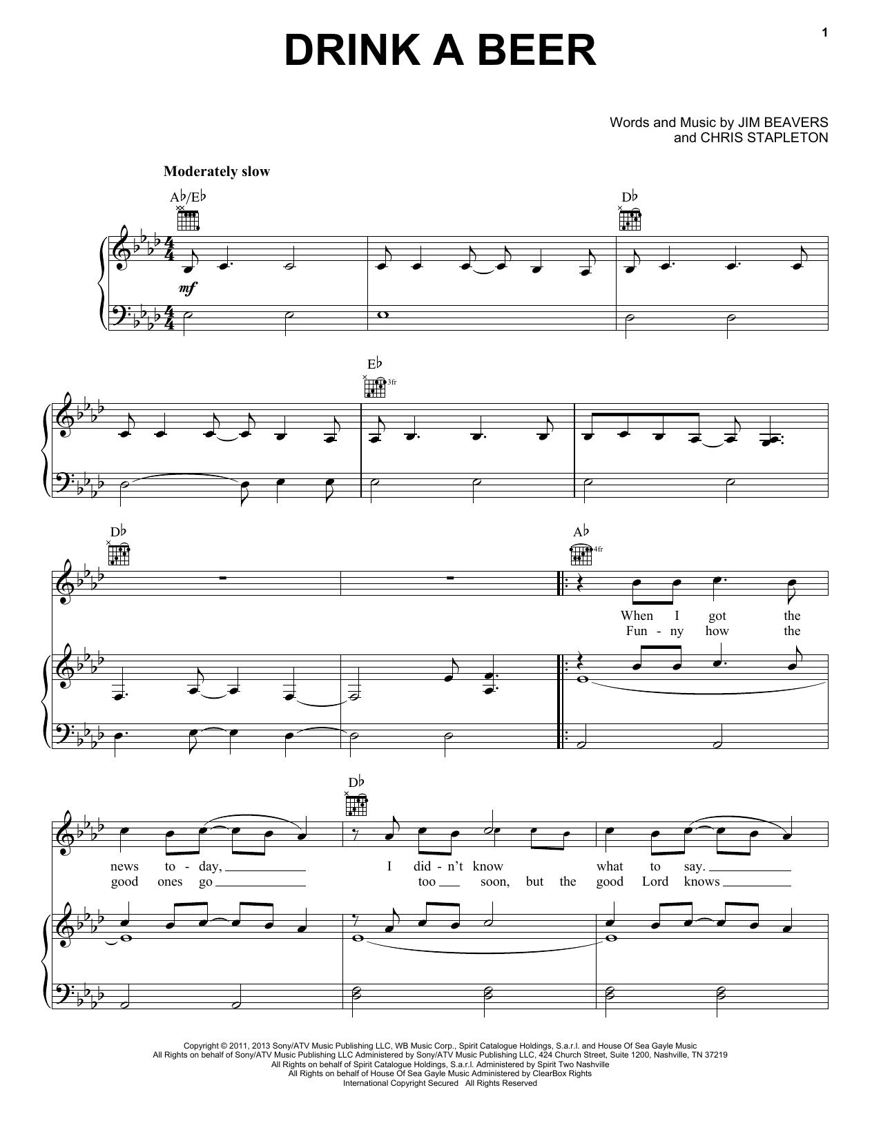 Download Luke Bryan Drink A Beer Sheet Music and learn how to play Piano, Vocal & Guitar (Right-Hand Melody) PDF digital score in minutes
