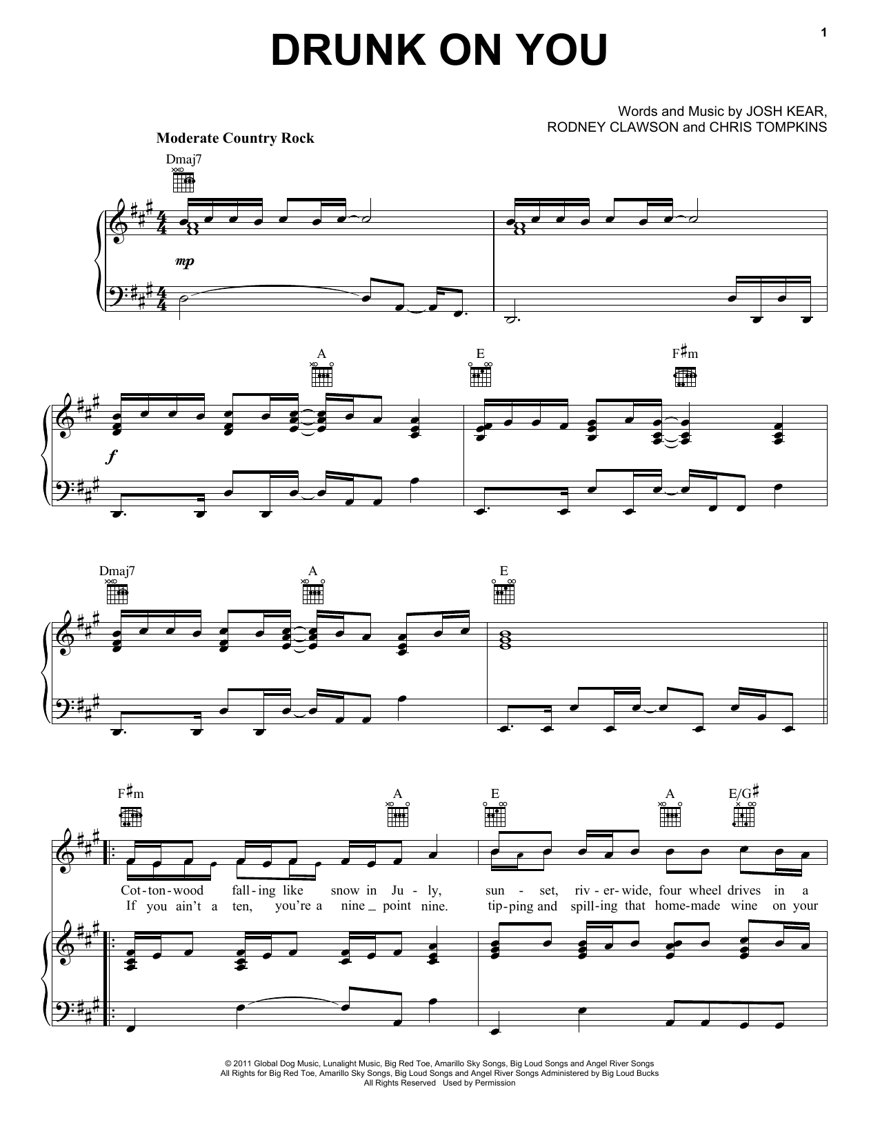 Download Luke Bryan Drunk On You Sheet Music and learn how to play Piano, Vocal & Guitar (Right-Hand Melody) PDF digital score in minutes