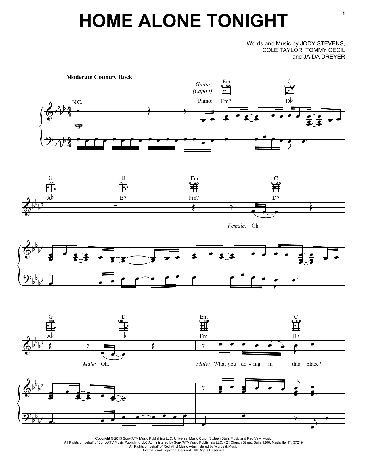 Download Luke Bryan feat. Karen Fairchild Home Alone Tonight Sheet Music and learn how to play Piano, Vocal & Guitar (Right-Hand Melody) PDF digital score in minutes