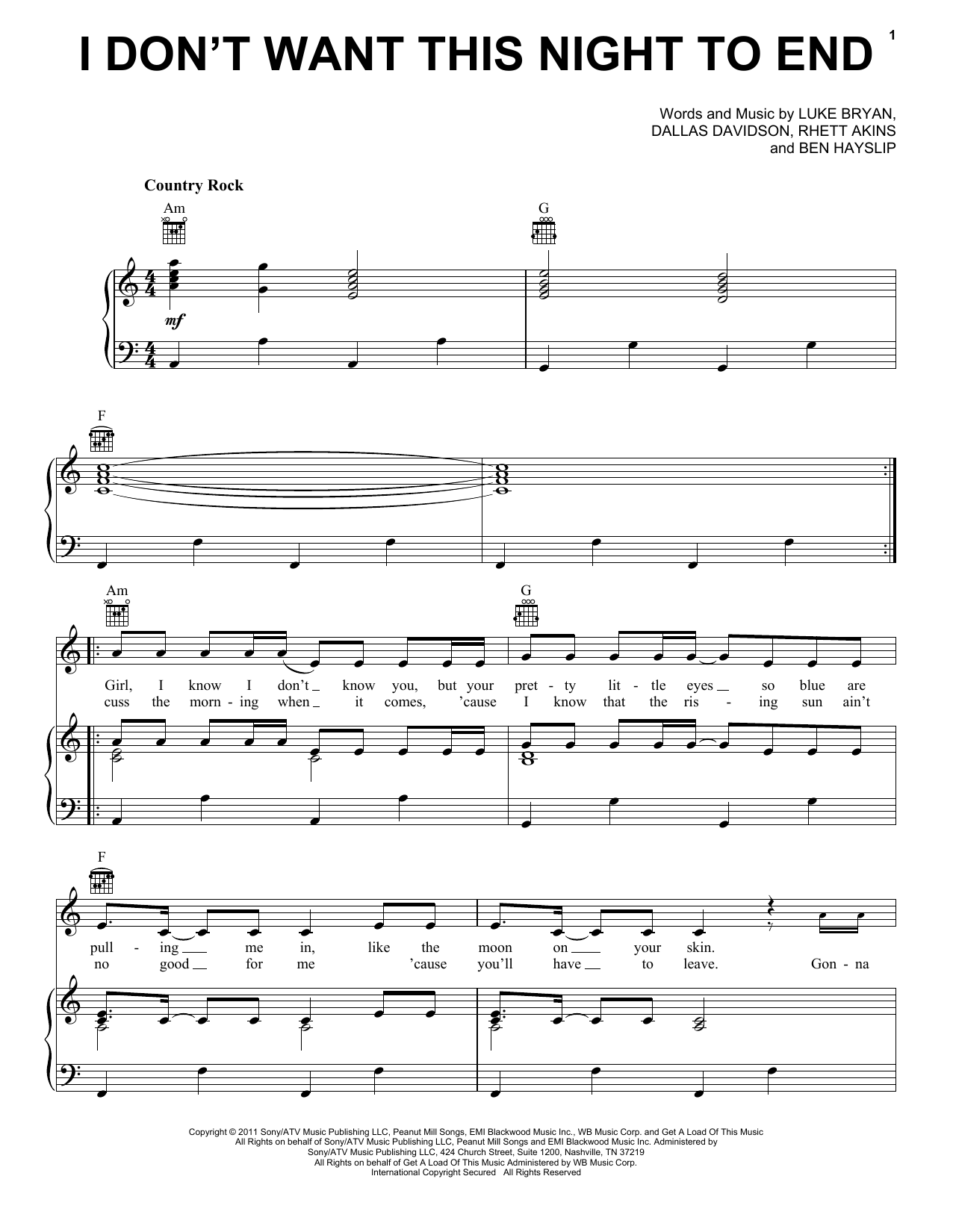 Download Luke Bryan I Don't Want This Night To End Sheet Music and learn how to play Piano, Vocal & Guitar (Right-Hand Melody) PDF digital score in minutes