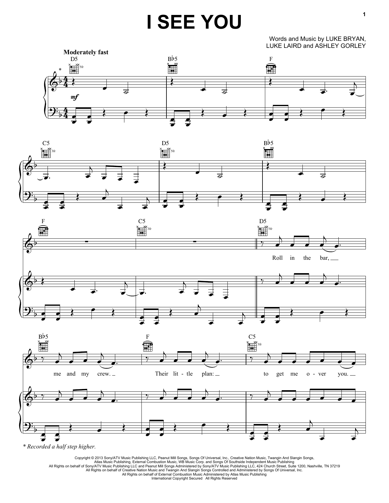Download Luke Bryan I See You Sheet Music and learn how to play Piano, Vocal & Guitar (Right-Hand Melody) PDF digital score in minutes