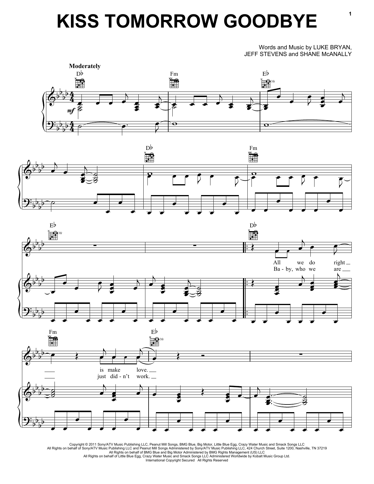 Download Luke Bryan Kiss Tomorrow Goodbye Sheet Music and learn how to play Piano, Vocal & Guitar (Right-Hand Melody) PDF digital score in minutes