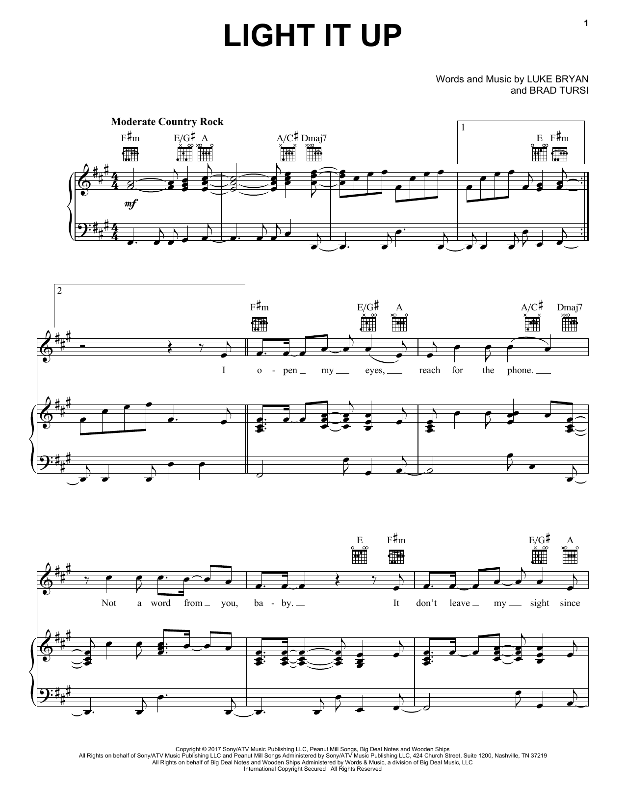 Download Luke Bryan Light It Up Sheet Music and learn how to play Piano, Vocal & Guitar Chords (Right-Hand Melody) PDF digital score in minutes