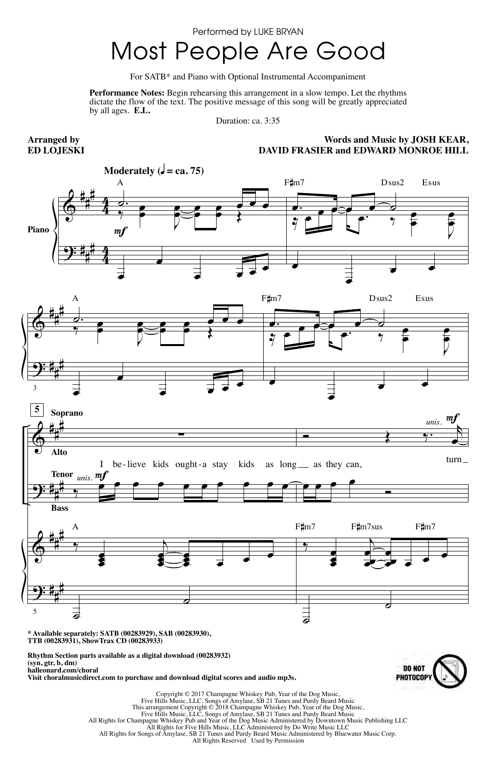 Download Luke Bryan Most People Are Good (arr. Ed Lojeski) Sheet Music and learn how to play SAB Choir PDF digital score in minutes